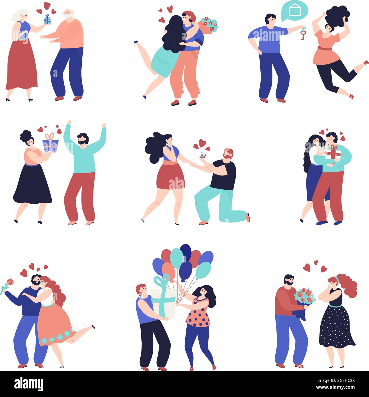 People giving gift. Holiday family gifts, happy festive couples with present box. Romantic adult hugging, birthday party decent vector set Stock Vector