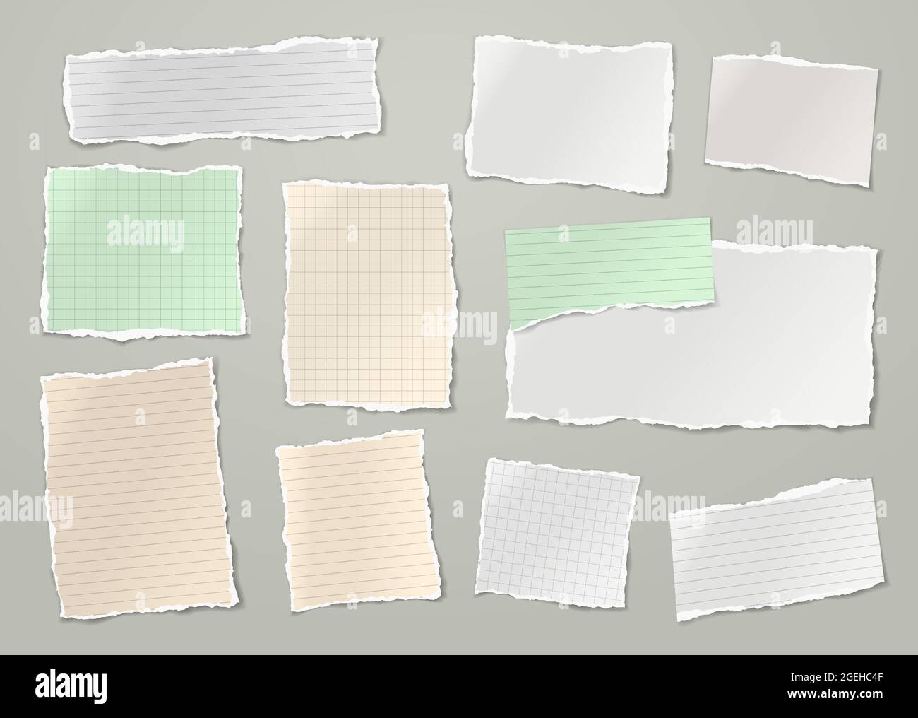 Set of torn colorful and white, lined note, notebook paper stripes are on brown background for text, advertising or design. Vector illustration Stock Vector