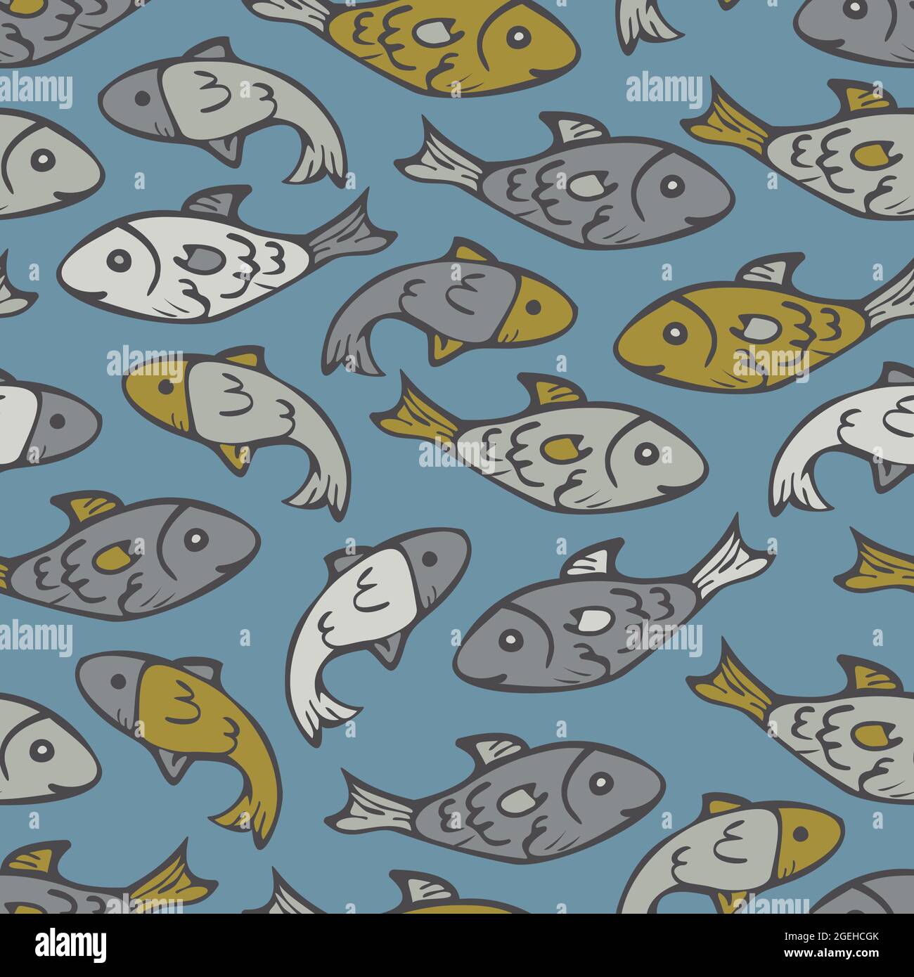 Vector seamless pattern with fish on blue background. Different colours and shapes fish illustration. Stock Vector