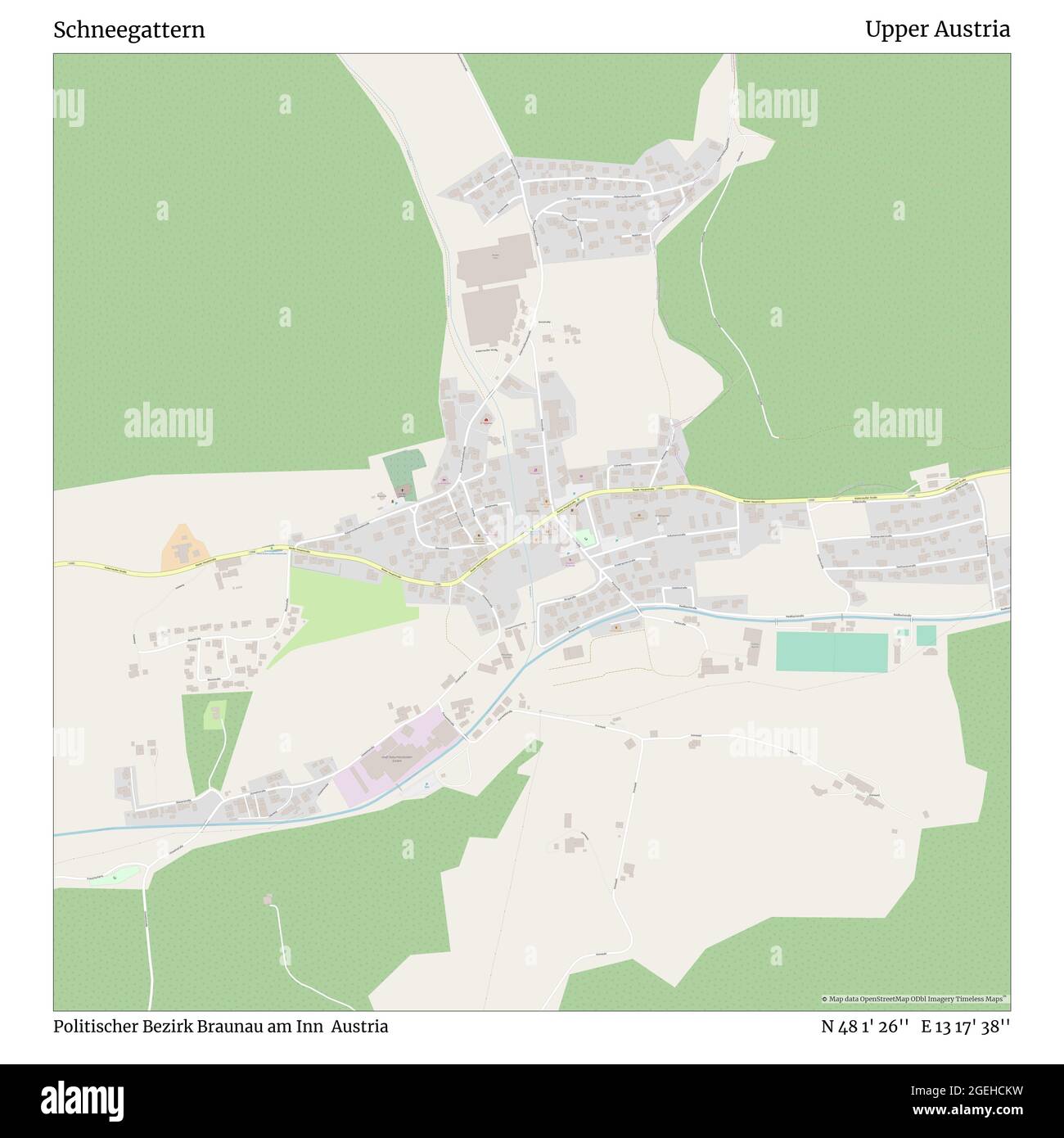 Schneegattern, Politischer Bezirk Braunau am Inn, Austria, Upper Austria, N 48 1' 26'', E 13 17' 38'', map, Timeless Map published in 2021. Travelers, explorers and adventurers like Florence Nightingale, David Livingstone, Ernest Shackleton, Lewis and Clark and Sherlock Holmes relied on maps to plan travels to the world's most remote corners, Timeless Maps is mapping most locations on the globe, showing the achievement of great dreams Stock Photo