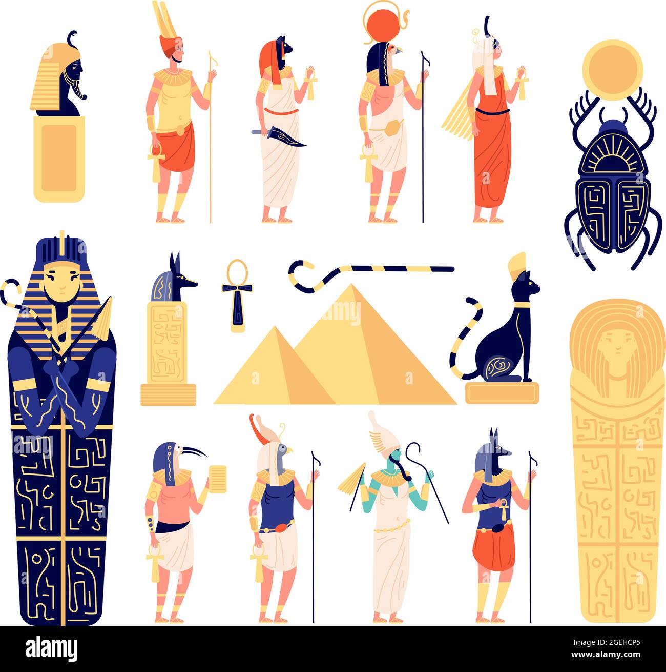 Egyptian elements. Ancient egypt gods, goddess mythology sculpture. Flat pyramid, isolated historical archeology symbols utter vector set Stock Vector