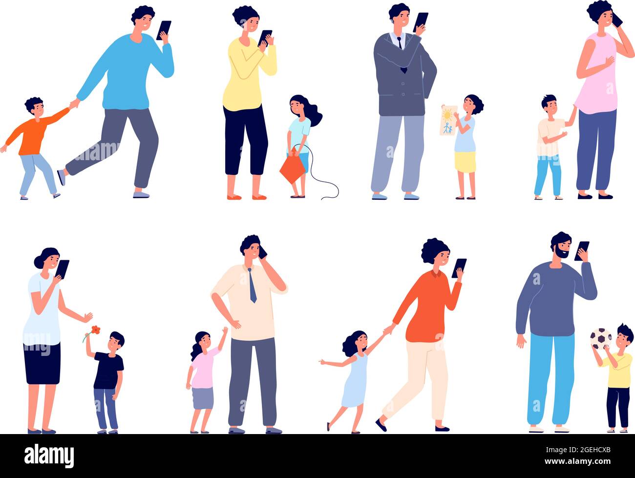 Busy parents. Social stress, children need mother father care. Frustration, cartoon adults have gadget addiction problems utter vector set Stock Vector