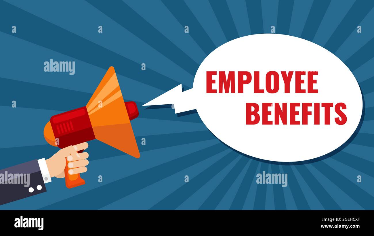 Hand holding megaphone. Employee benefits banner, workers advantages announcement. Business care