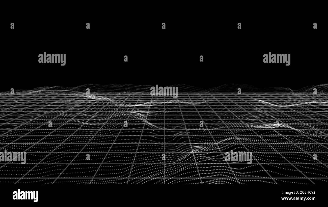 Particles landscape. White dots, perspective grid tech framework. Digital banner, sound waves or wavy surface vector background Stock Vector