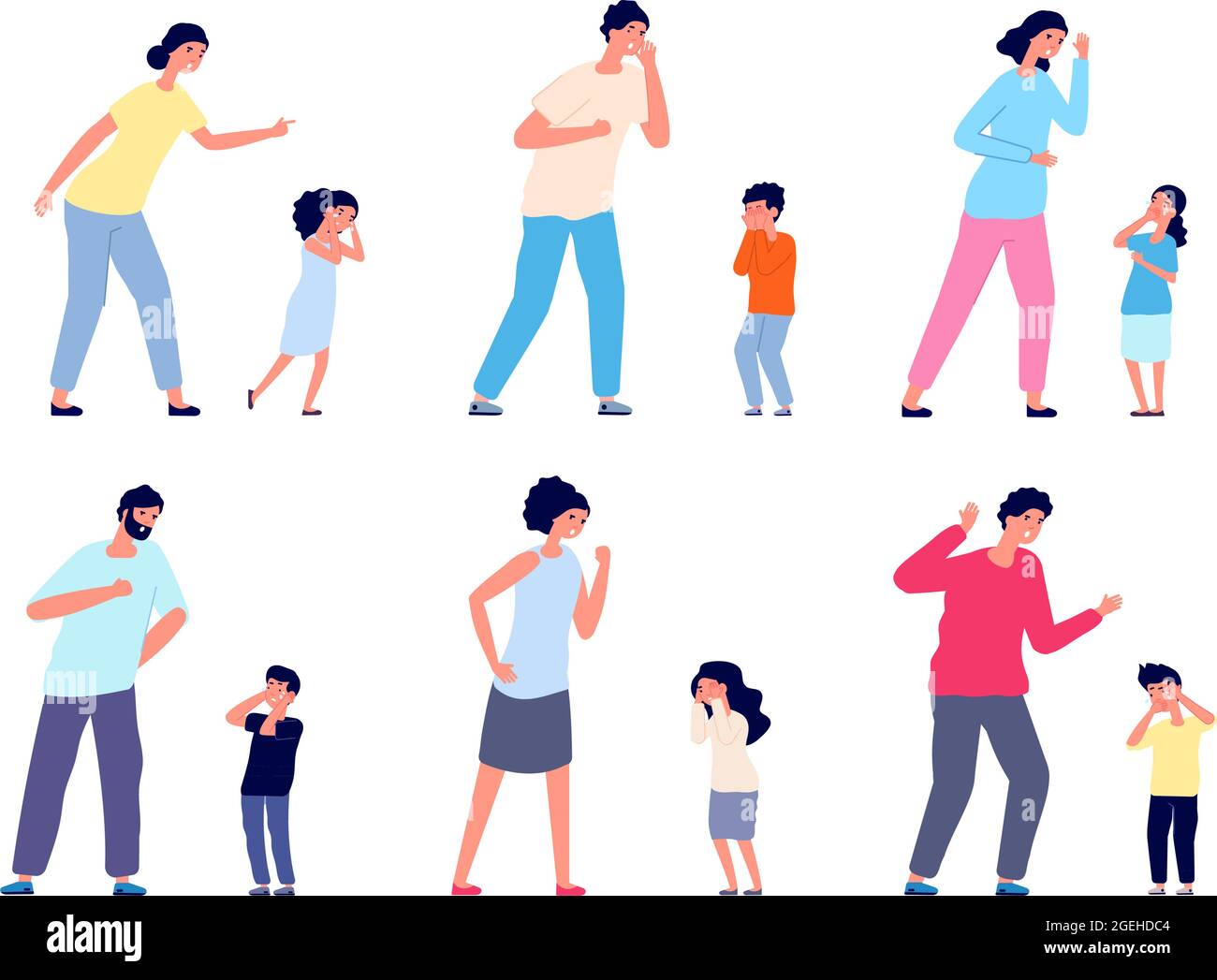 Parents scream to kids. Adults swearing, crying girl punished. Family abuse, isolated woman mother scolding little children utter vector set Stock Vector