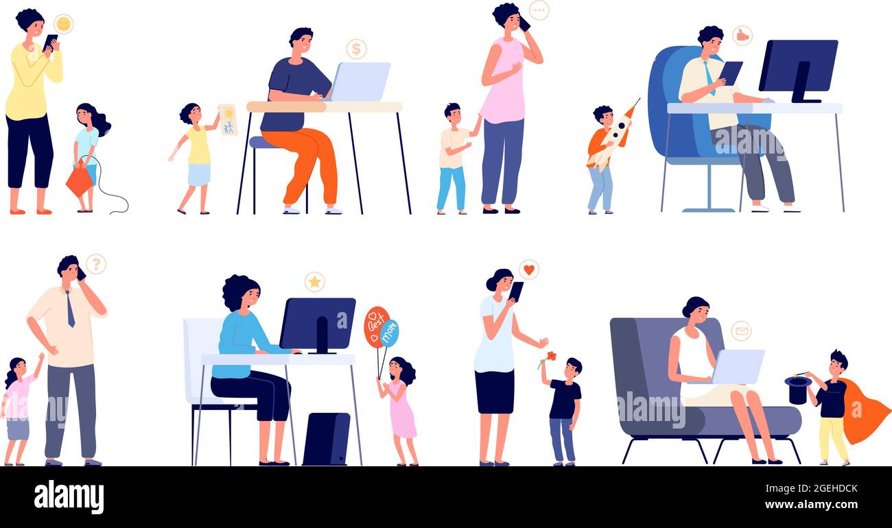 Parents with gadgets. Social network addiction, work from home and stress. Children and busy mother father, exhausted kids utter vector set Stock Vector