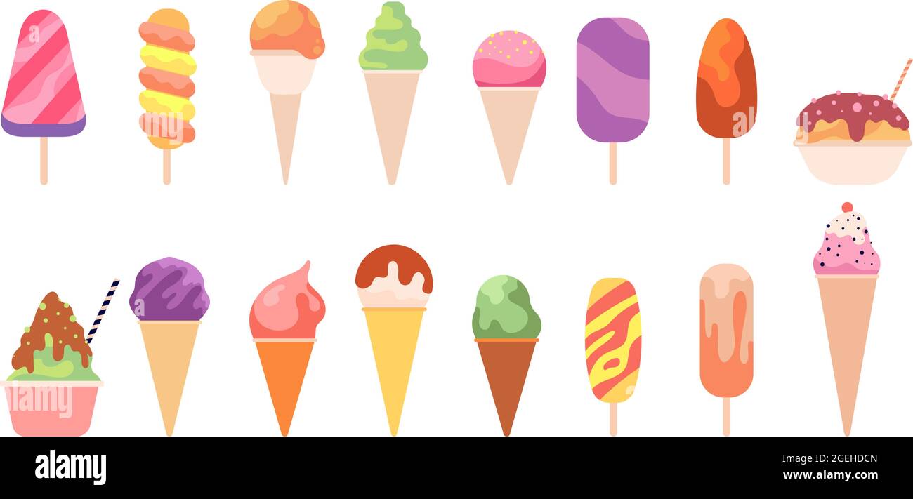 Tasty ice cream. Summer glace dessert, cone with creamy balls. Colorful diverse flavor sweets, flat isolated fruit popsicle utter vector set Stock Vector