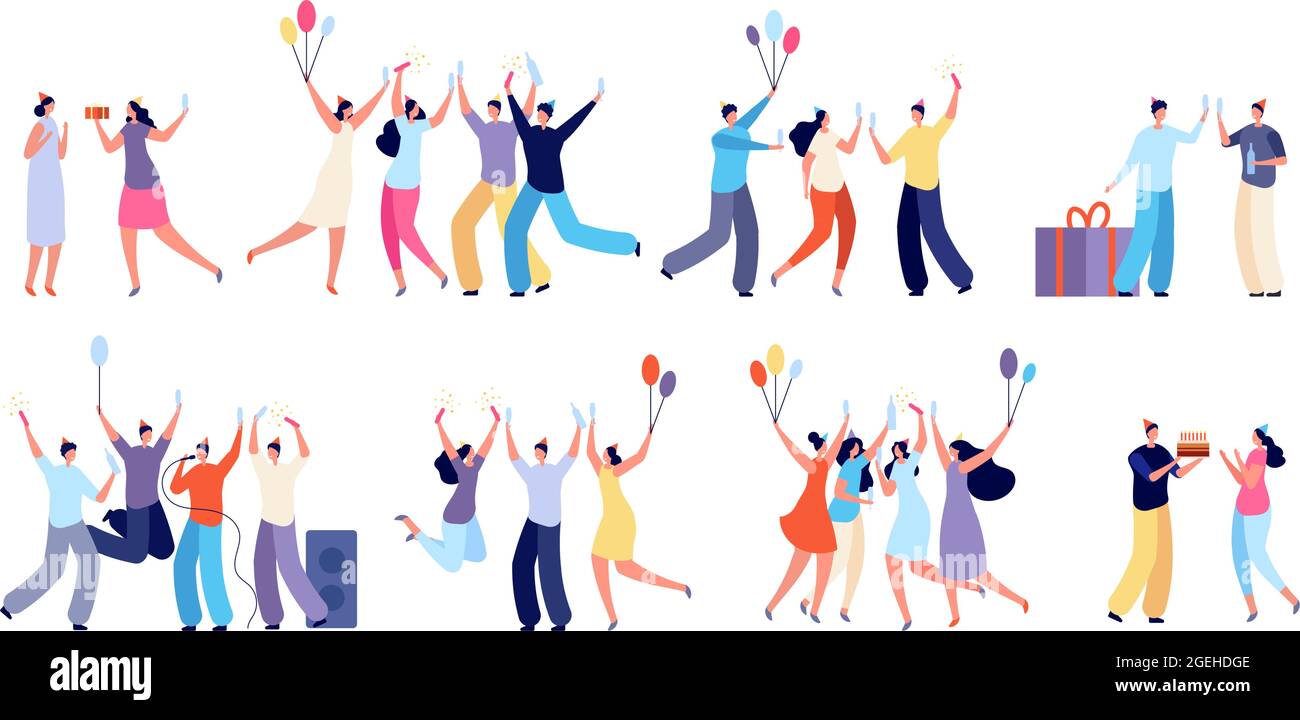 Birthday party people. Celebration characters, happy woman with balloons. Surprise event, adults confetti cake and presents utter vector set Stock Vector