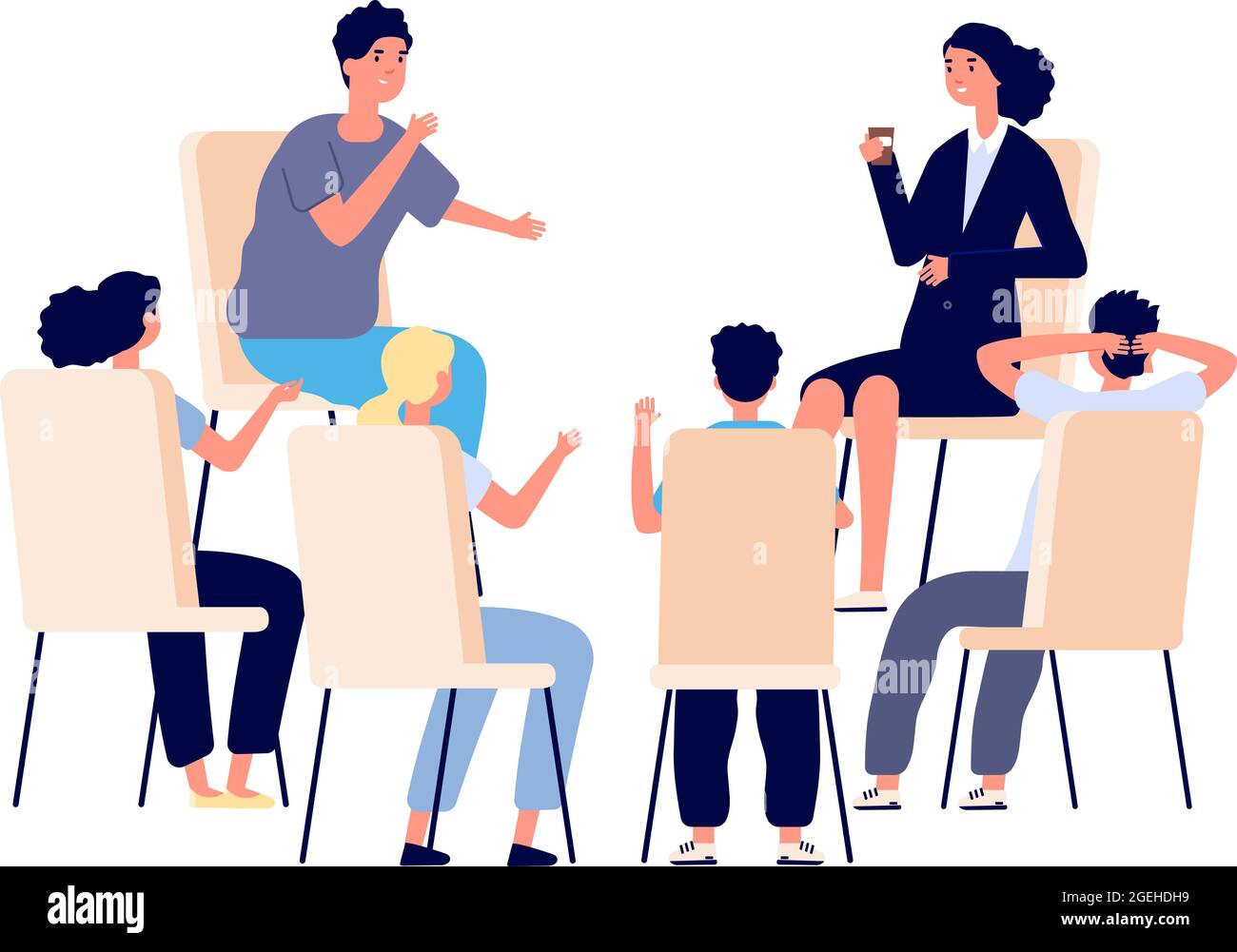 People meeting. Psychotherapy training, business lecture or conference. Persons sitting in circle and talking. Cartoon man woman support group vector Stock Vector
