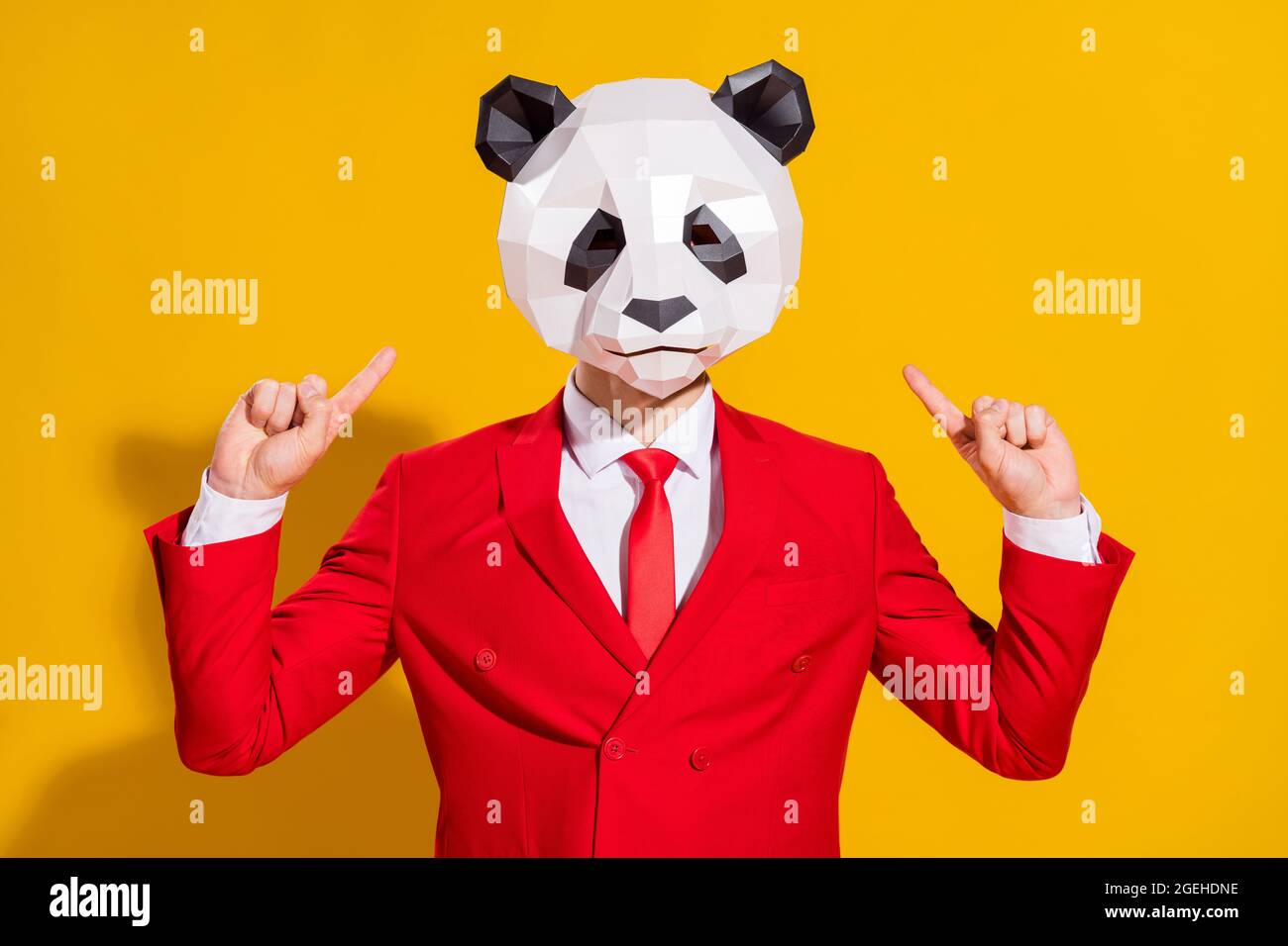 Photo of promoter freak guy indicate finger head wear panda mask red suit  isolated on yellow color background Stock Photo - Alamy