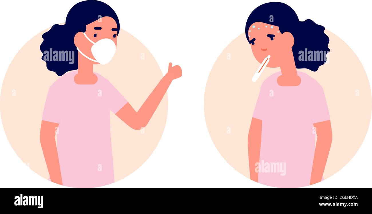 Child wear mask. Healthy vs unhealthy, girl with flu or cold. Kid in facial protection, prevention influenza disease utter vector concept Stock Vector