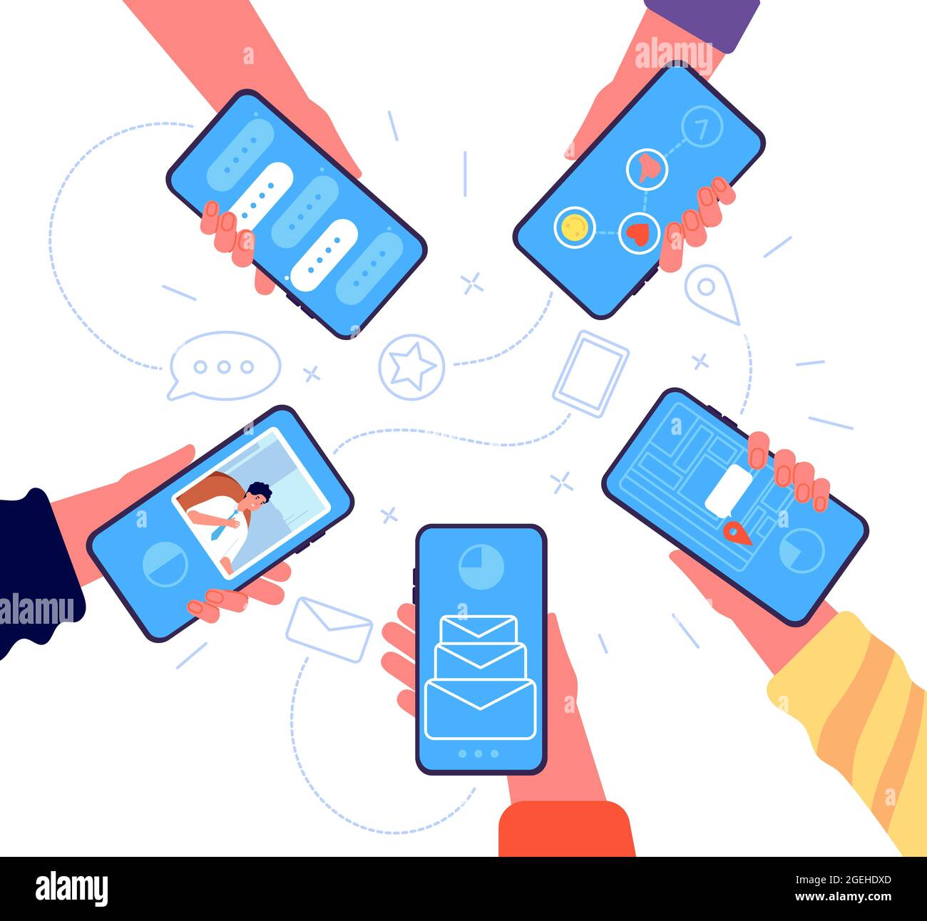 People group with phone. Hands holding smartphones, online team communication. Girl sharing information, screen touch utter vector concept Stock Vector