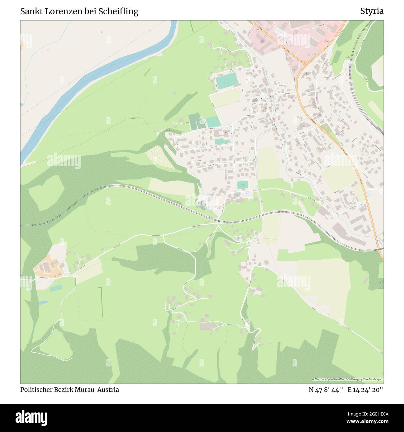 Sankt Lorenzen bei Scheifling, Politischer Bezirk Murau, Austria, Styria, N 47 8' 44'', E 14 24' 20'', map, Timeless Map published in 2021. Travelers, explorers and adventurers like Florence Nightingale, David Livingstone, Ernest Shackleton, Lewis and Clark and Sherlock Holmes relied on maps to plan travels to the world's most remote corners, Timeless Maps is mapping most locations on the globe, showing the achievement of great dreams Stock Photo