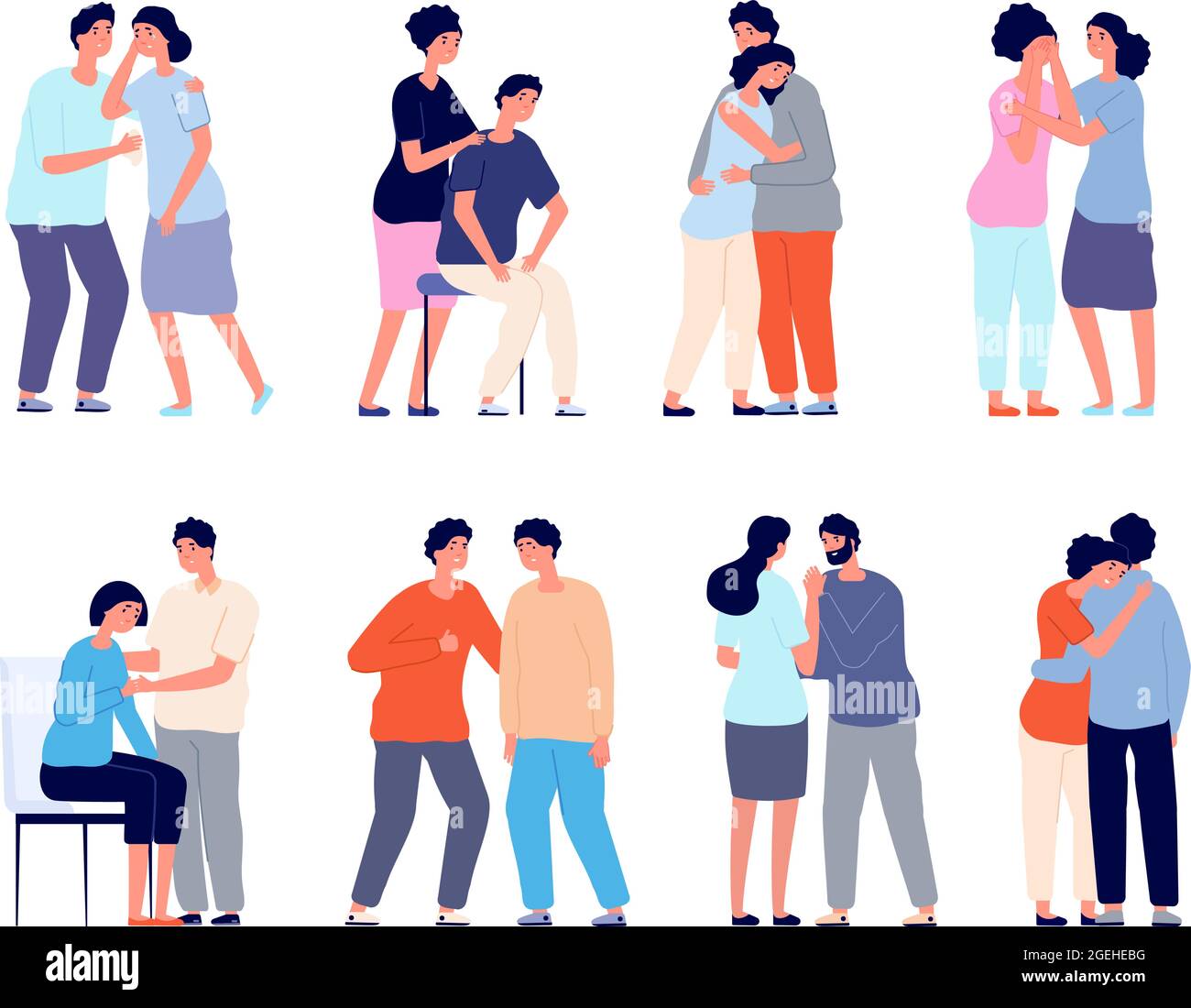 People comforting. Man support, comforted shoulder hugs or emotional characters. Persons together, empathy girl and comfort utter vector set Stock Vector