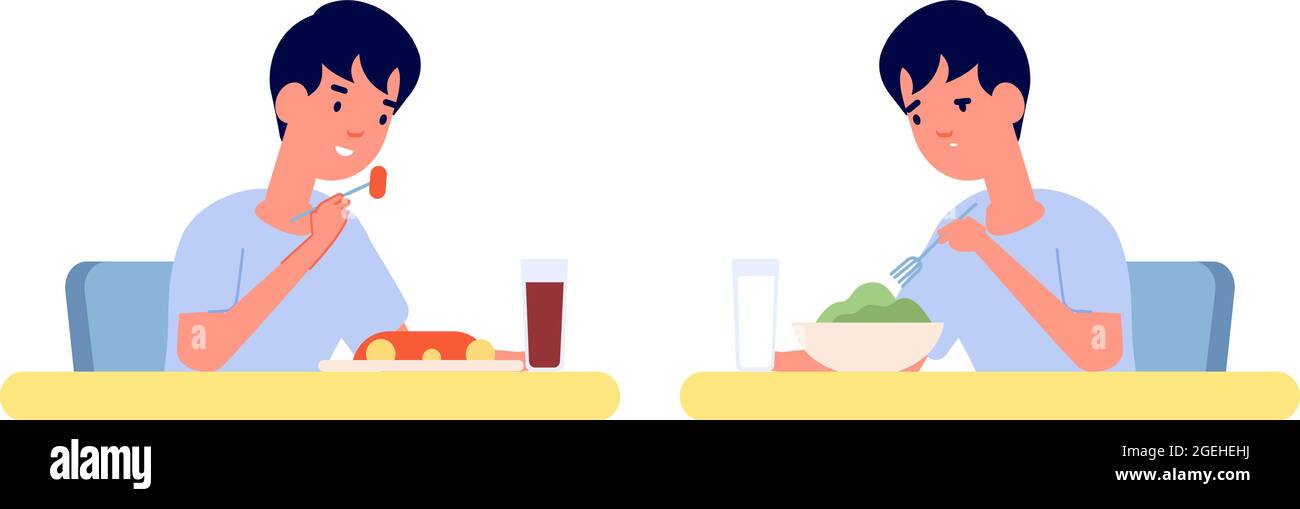 Boy eating. Home breakfast, healthy vs unhealthy food. Toddler at table, vitamine or fast food lunch. Hungry child utter vector characters Stock Vector