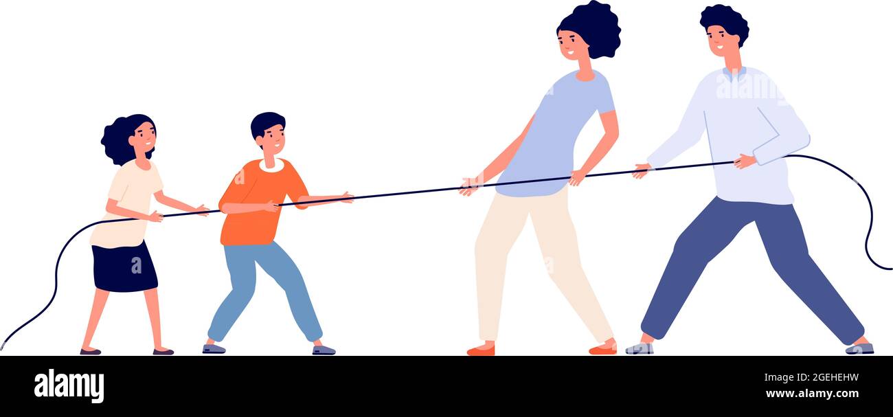 Family game. Child parents pull rope, tug of war play adults children. Relationship balance or generational competition utter vector concept Stock Vector