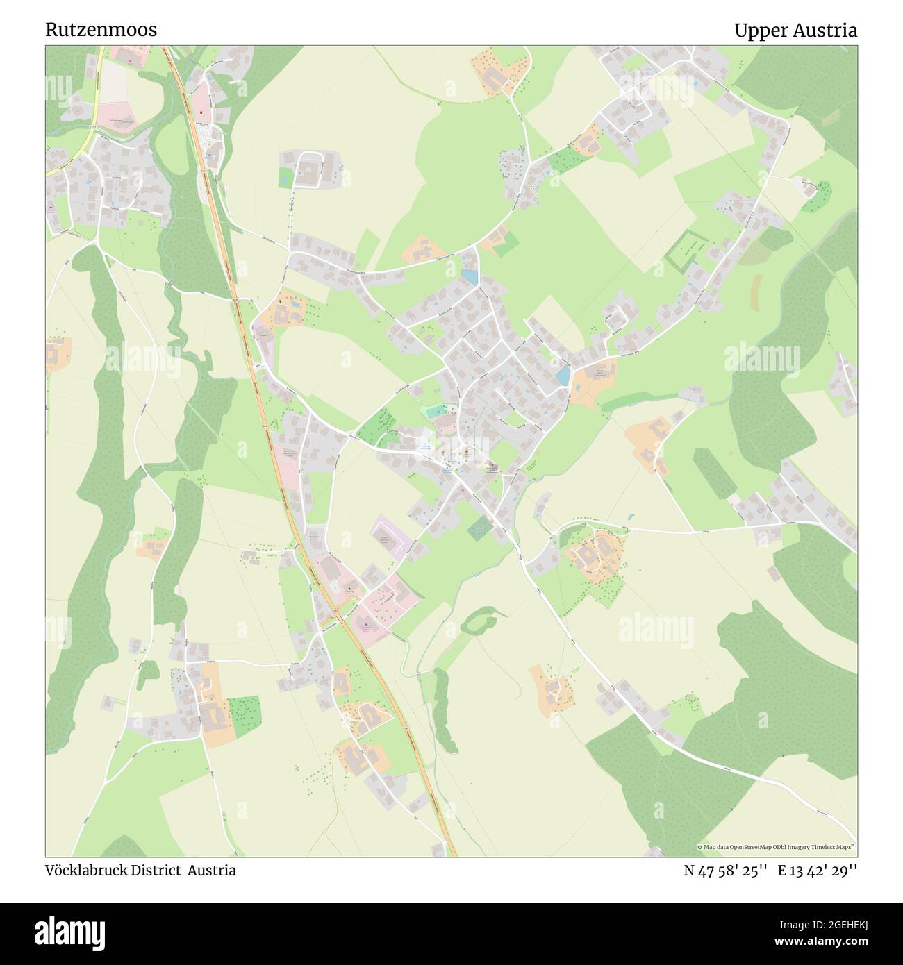 Rutzenmoos, Vöcklabruck District, Austria, Upper Austria, N 47 58' 25'', E 13 42' 29'', map, Timeless Map published in 2021. Travelers, explorers and adventurers like Florence Nightingale, David Livingstone, Ernest Shackleton, Lewis and Clark and Sherlock Holmes relied on maps to plan travels to the world's most remote corners, Timeless Maps is mapping most locations on the globe, showing the achievement of great dreams Stock Photo