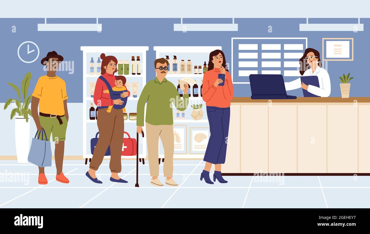 Pharmacy. People need medications, queue in pharma store. Pharmacist at laptop, woman man in waiting line for buying. Healthy and sick persons vector Stock Vector