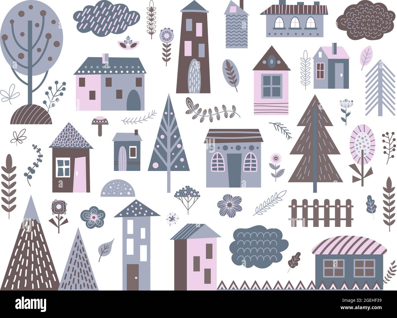Cute scandinavian buildings. Abstract architecture, city landscape elements. Isolated nordic village houses, rural home decent vector set Stock Vector