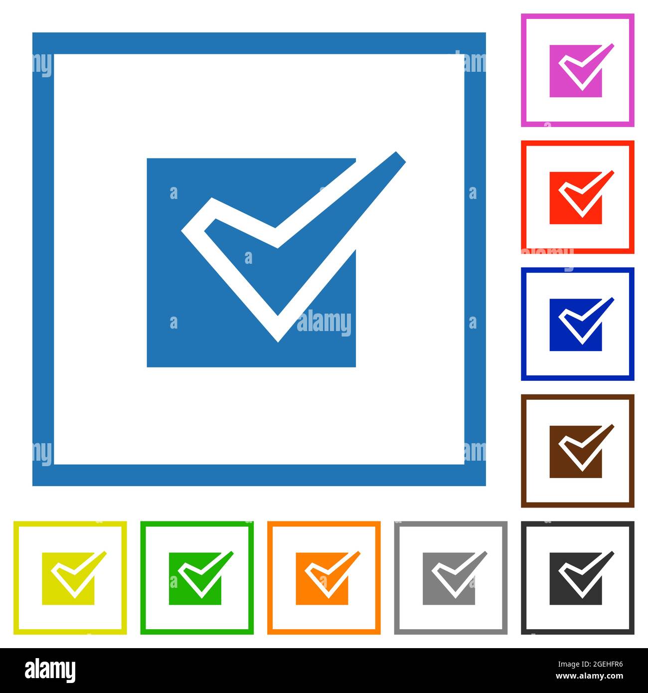Checked box solid flat color icons in square frames on white background Stock Vector