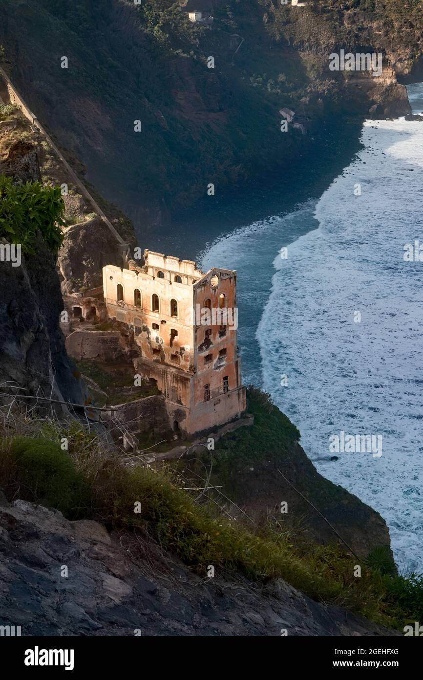 Ruin of old water pump station on the coast near Puerto De La Cruz, Tenerife, Spain Stock Photo