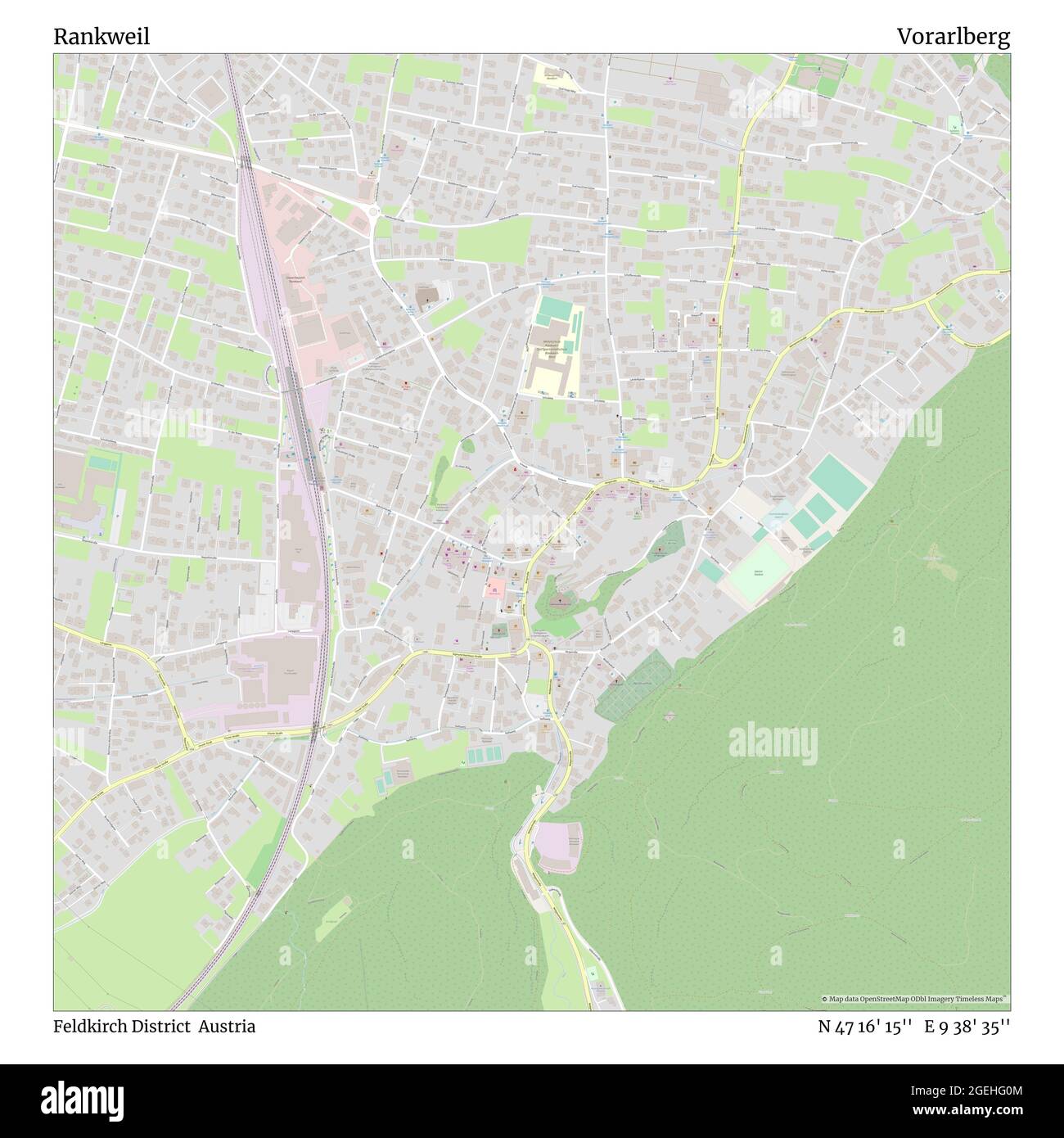 Rankweil, Feldkirch District, Austria, Vorarlberg, N 47 16' 15'', E 9 38' 35'', map, Timeless Map published in 2021. Travelers, explorers and adventurers like Florence Nightingale, David Livingstone, Ernest Shackleton, Lewis and Clark and Sherlock Holmes relied on maps to plan travels to the world's most remote corners, Timeless Maps is mapping most locations on the globe, showing the achievement of great dreams Stock Photo