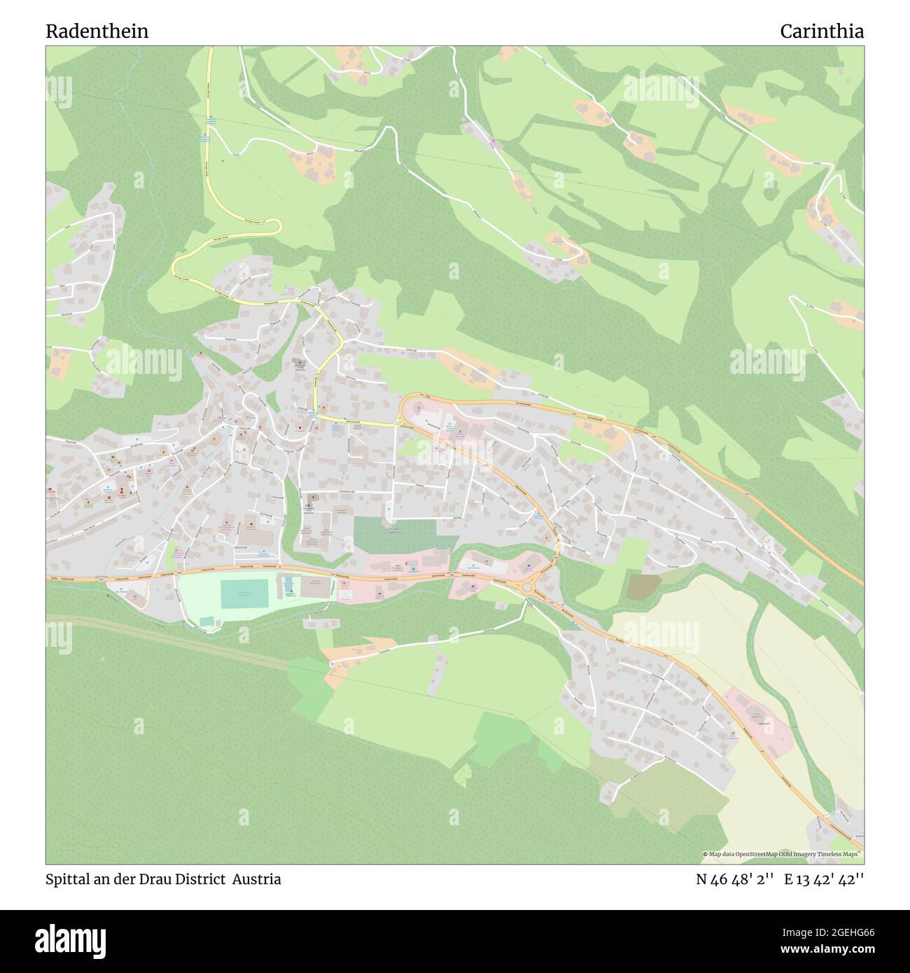 Radenthein, Spittal an der Drau District, Austria, Carinthia, N 46 48' 2'', E 13 42' 42'', map, Timeless Map published in 2021. Travelers, explorers and adventurers like Florence Nightingale, David Livingstone, Ernest Shackleton, Lewis and Clark and Sherlock Holmes relied on maps to plan travels to the world's most remote corners, Timeless Maps is mapping most locations on the globe, showing the achievement of great dreams Stock Photo