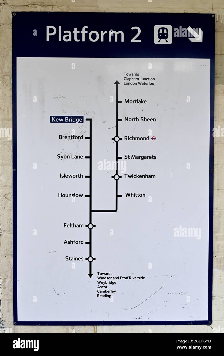 Brentford London , England , UK - Kew Bridge station platform 2 information Stock Photo