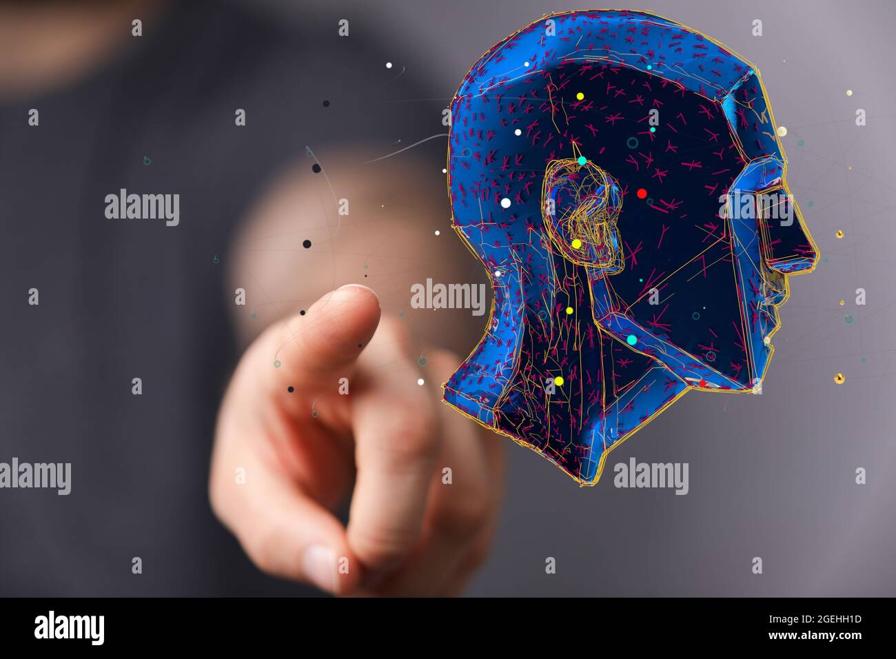 Digital human head render with a connected network of lines- artificial intelligence concept Stock Photo