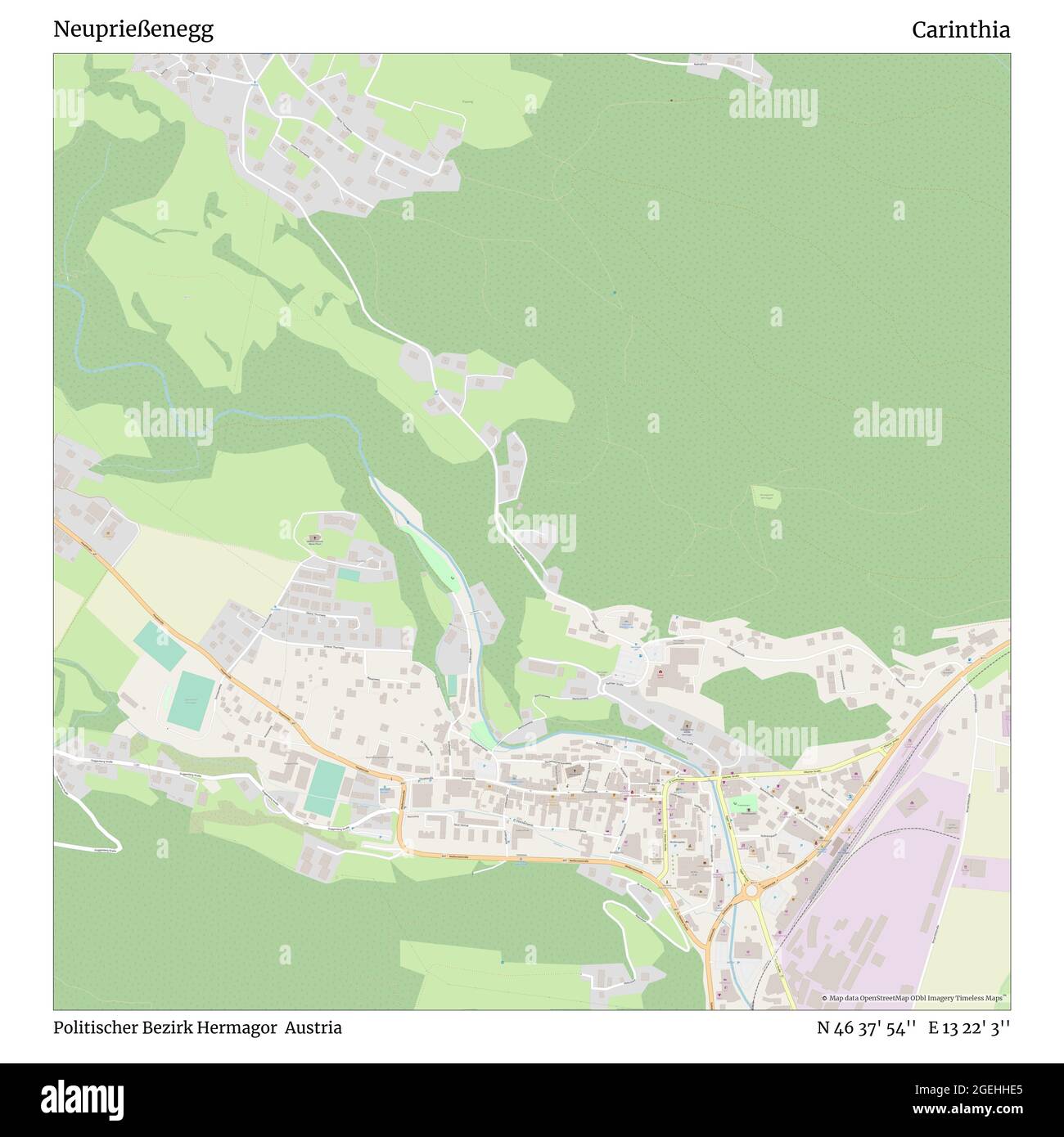 Neuprießenegg, Politischer Bezirk Hermagor, Austria, Carinthia, N 46 37' 54'', E 13 22' 3'', map, Timeless Map published in 2021. Travelers, explorers and adventurers like Florence Nightingale, David Livingstone, Ernest Shackleton, Lewis and Clark and Sherlock Holmes relied on maps to plan travels to the world's most remote corners, Timeless Maps is mapping most locations on the globe, showing the achievement of great dreams Stock Photo