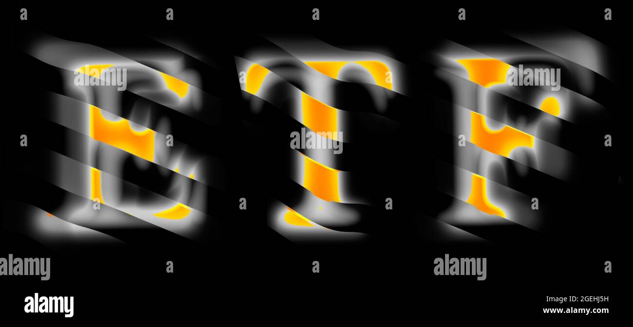 ETF exchange traded funds text. Striped defocused letters isolated on black background. Stock Photo
