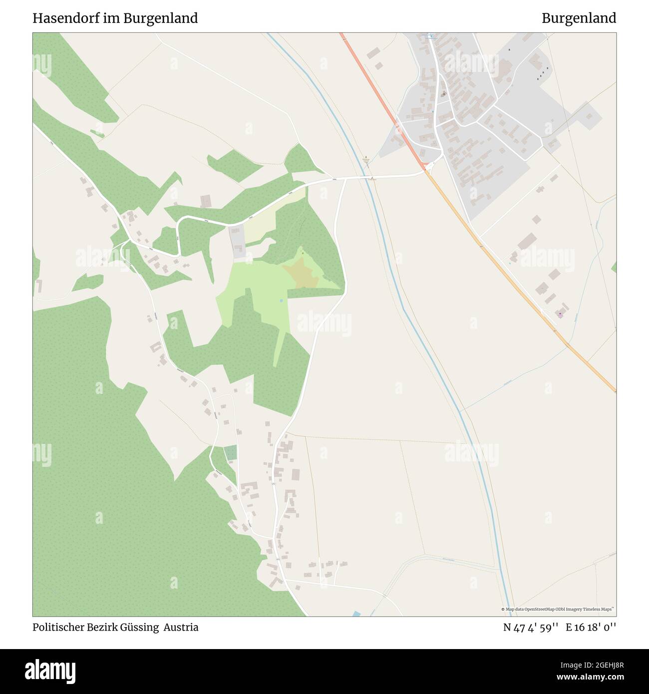 Hasendorf im Burgenland, Politischer Bezirk Güssing, Austria, Burgenland, N 47 4' 59'', E 16 18' 0'', map, Timeless Map published in 2021. Travelers, explorers and adventurers like Florence Nightingale, David Livingstone, Ernest Shackleton, Lewis and Clark and Sherlock Holmes relied on maps to plan travels to the world's most remote corners, Timeless Maps is mapping most locations on the globe, showing the achievement of great dreams Stock Photo