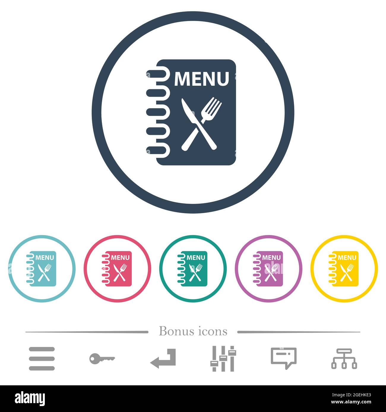 Menu with fork and knife flat color icons in round outlines. 6 bonus ...