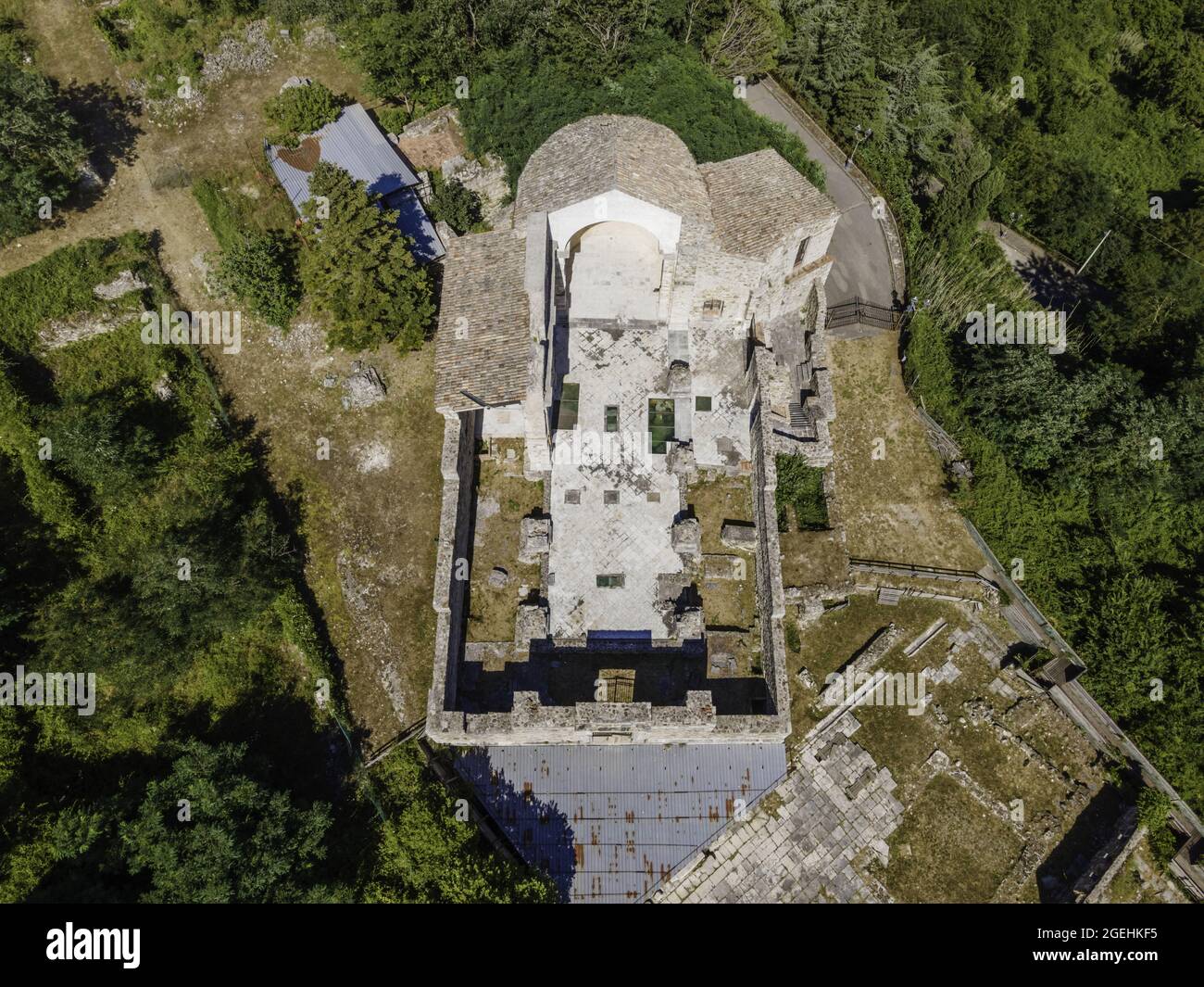 Aerial view of a destroyed church due to the 1980 Irpinia earthquake in