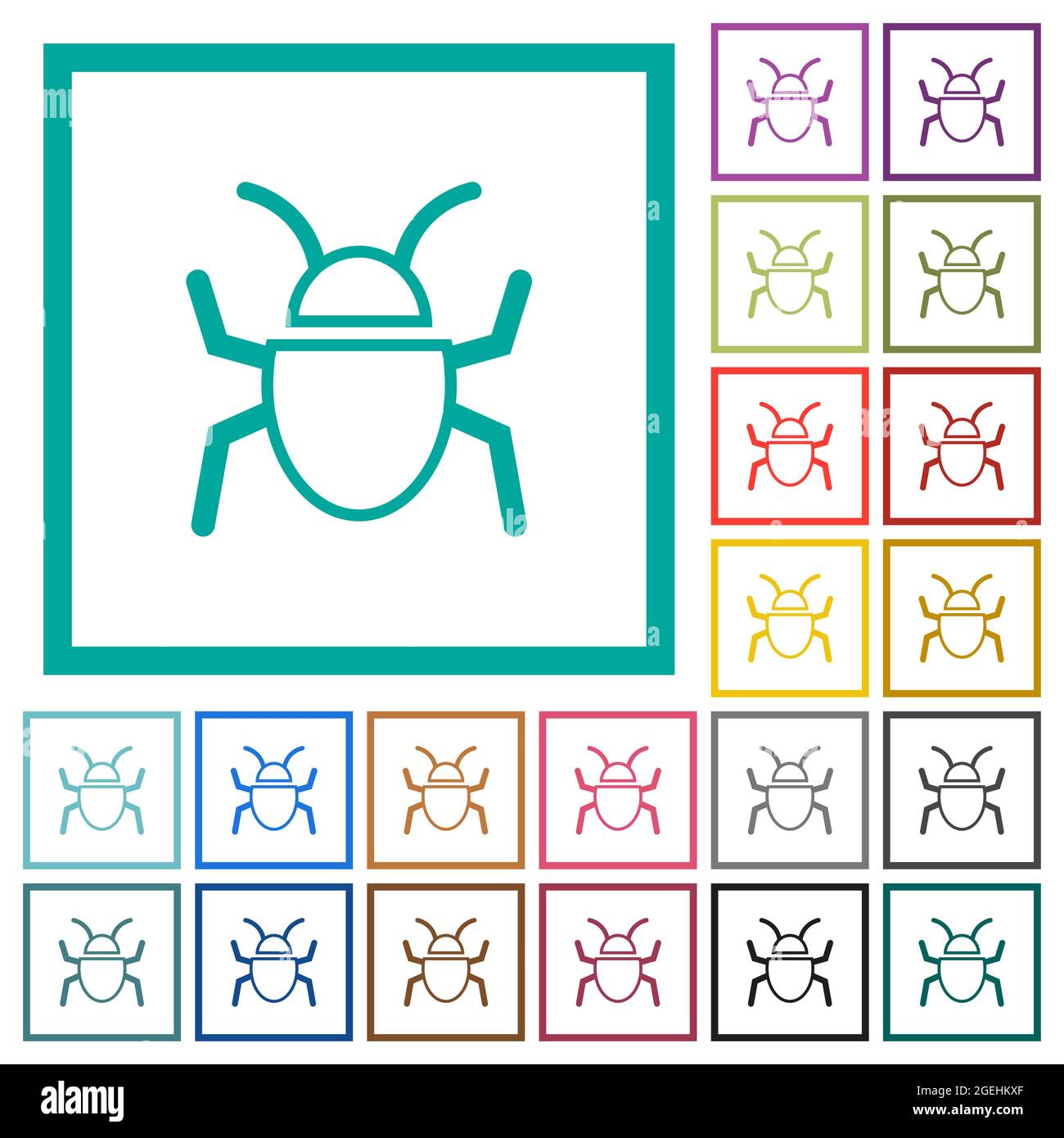 Bug outline flat color icons with quadrant frames on white background ...