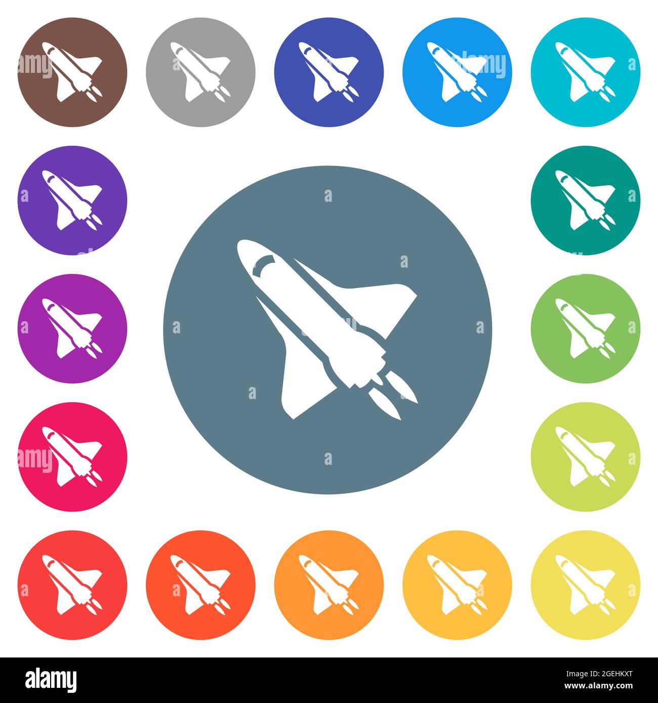 Space shuttle with propulsion flat white icons on round color ...