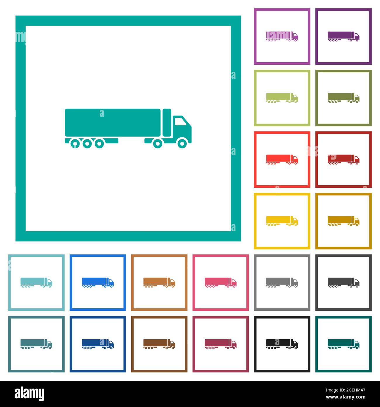 Camion side view flat color icons with quadrant frames on white background Stock Vector