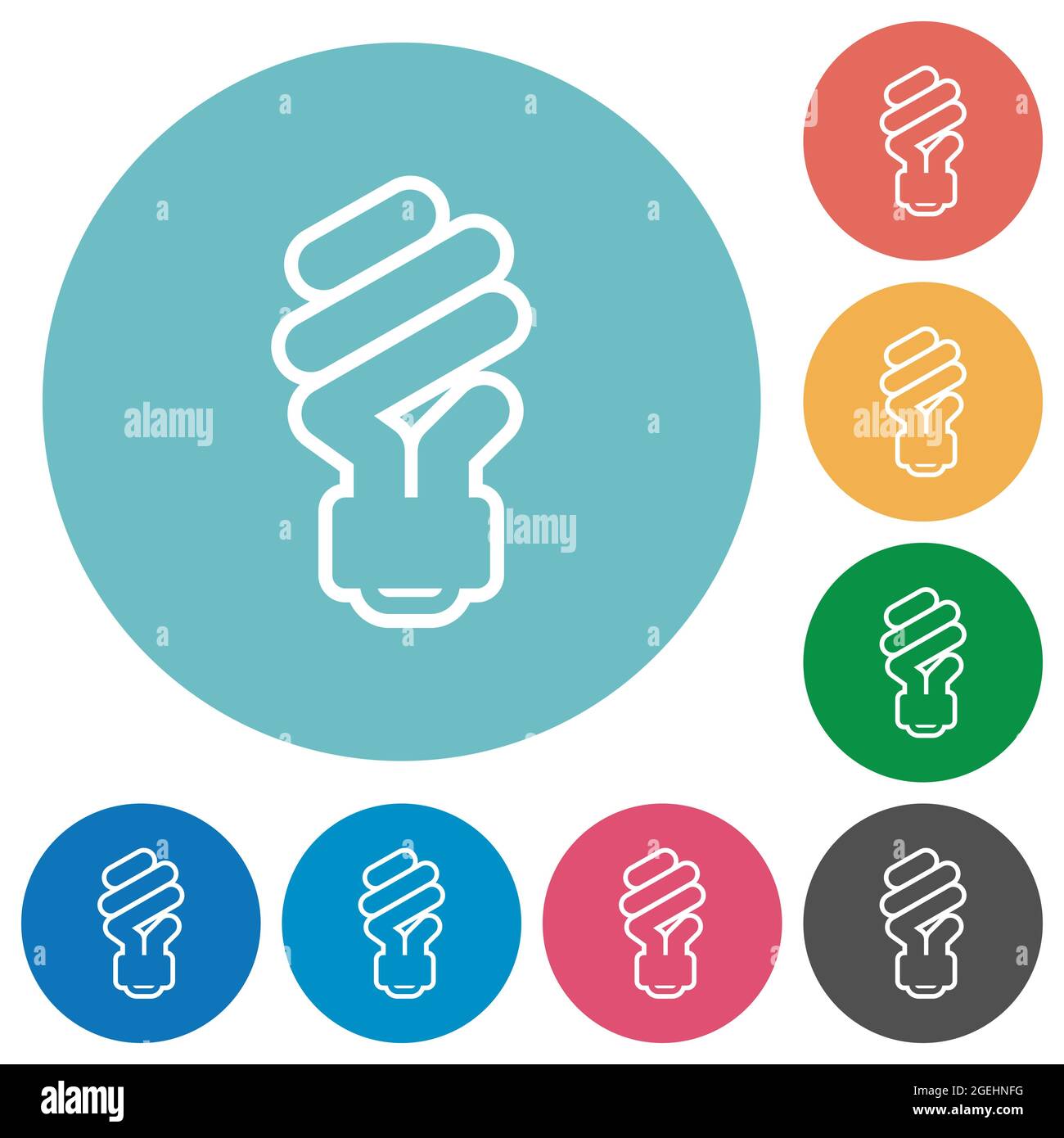 Energy saving fluorescent light bulb outline flat white icons on round ...