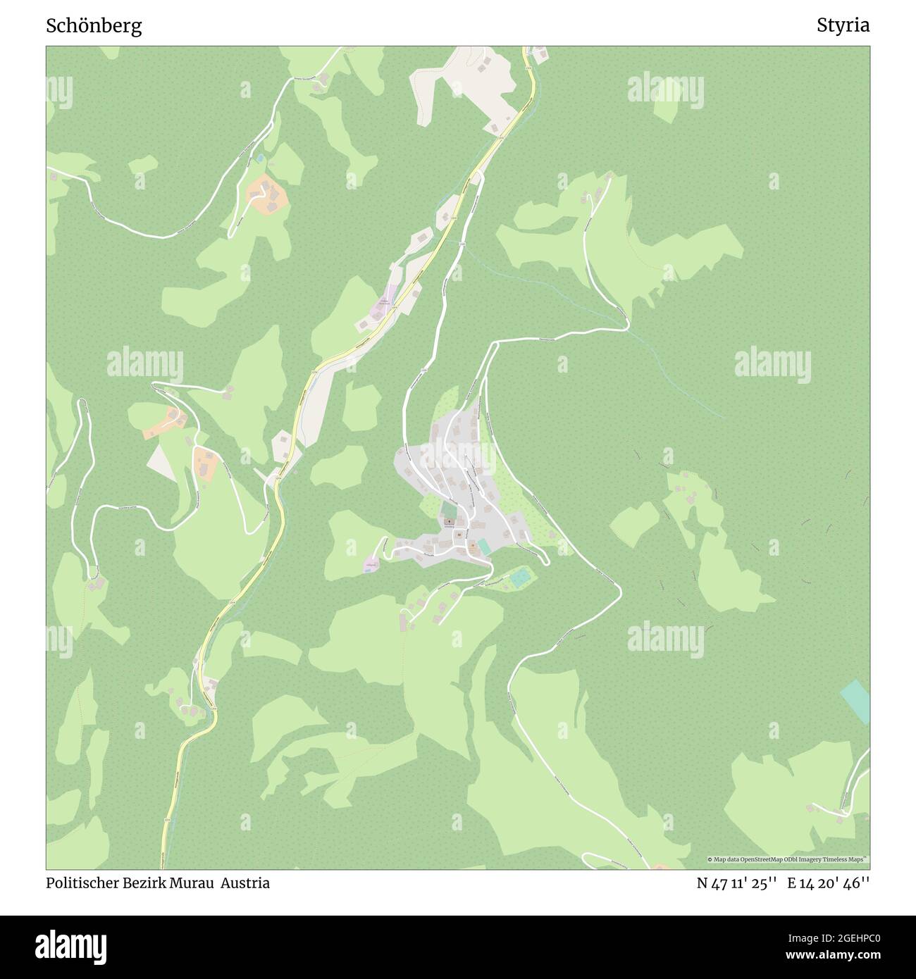 Schönberg, Politischer Bezirk Murau, Austria, Styria, N 47 11' 25'', E 14 20' 46'', map, Timeless Map published in 2021. Travelers, explorers and adventurers like Florence Nightingale, David Livingstone, Ernest Shackleton, Lewis and Clark and Sherlock Holmes relied on maps to plan travels to the world's most remote corners, Timeless Maps is mapping most locations on the globe, showing the achievement of great dreams Stock Photo