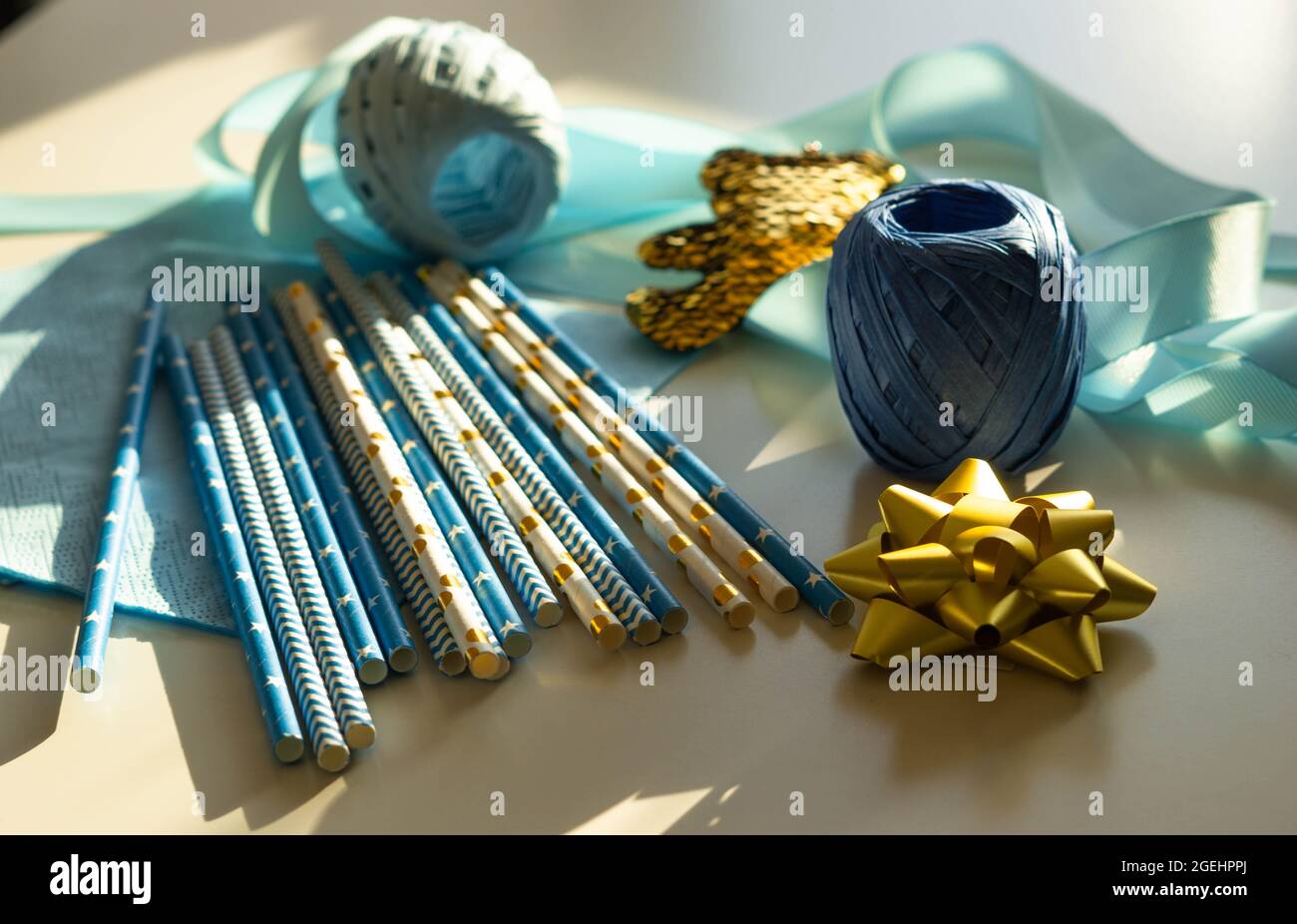Baby showers decor. Blue and golden color concept for gender reveal party, newborn baby, boy's birthday. Stock Photo