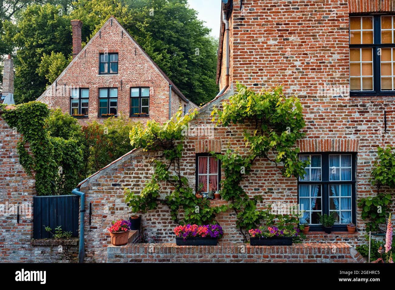 Old housesof Begijnhof Beguinage with flowers in Bruges, Belgium Stock Photo