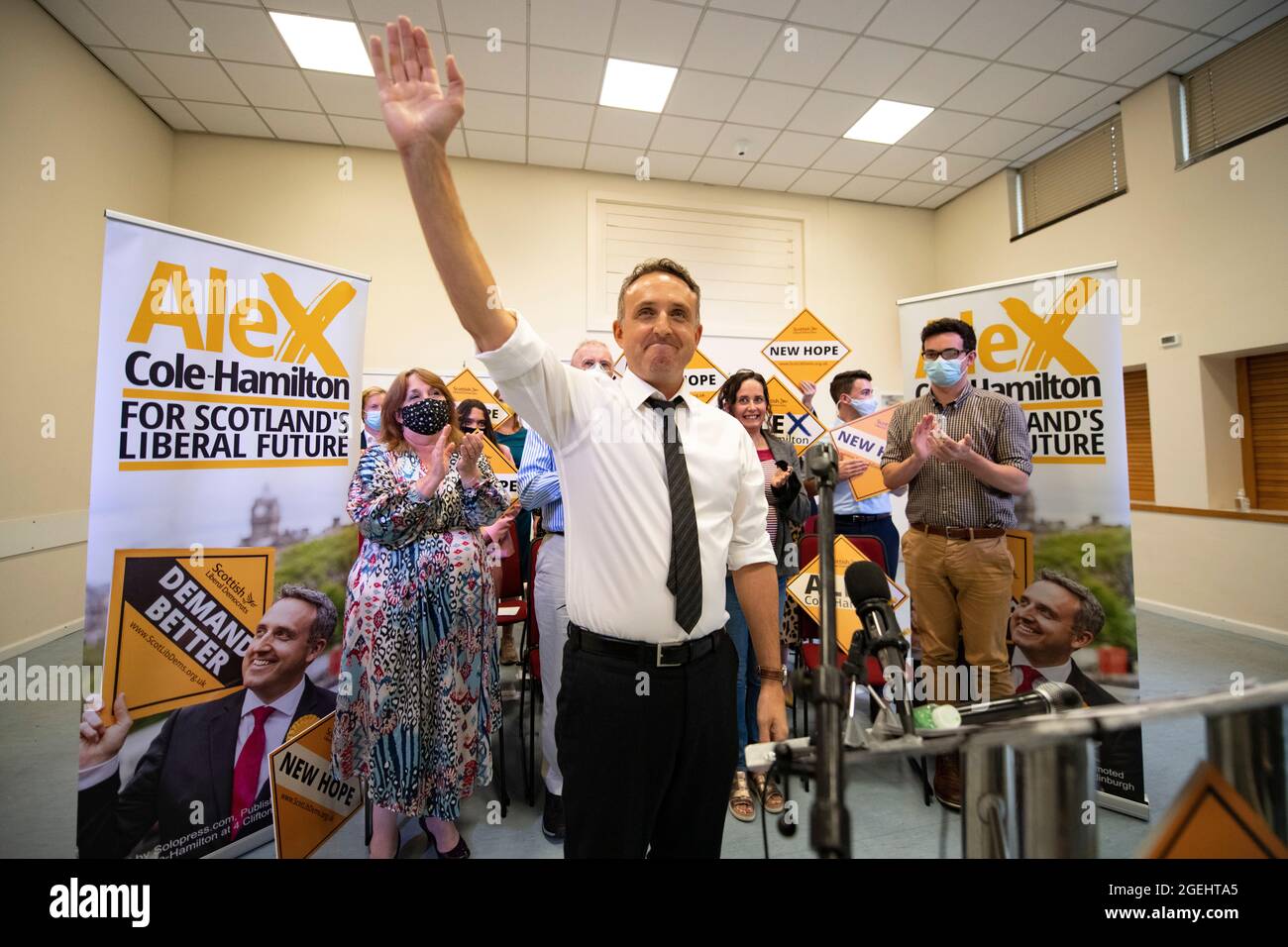 Edinburgh, Scotland, UK. 20th Aug, 2021. PICTURED: Alex Cole-Hamilton MSP is declared the new Scottish Liberal Democrat Party Leader at a Party rally in Corstorphine area of Edinburgh today. Credit: Colin Fisher/Alamy Live News Stock Photo