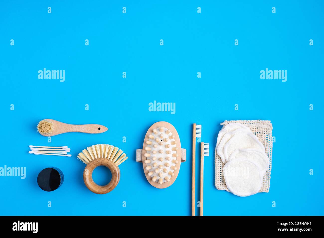 Zero waste concept. Eco friendly bathroom accessories on a blue
