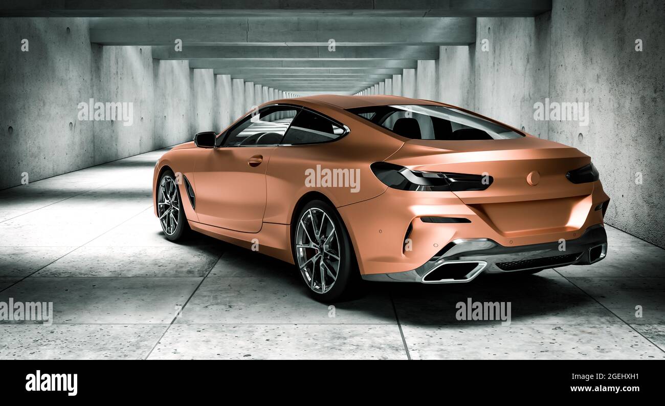 copper-colored sports car in modern concrete architectural structure. 3d  render Stock Photo - Alamy