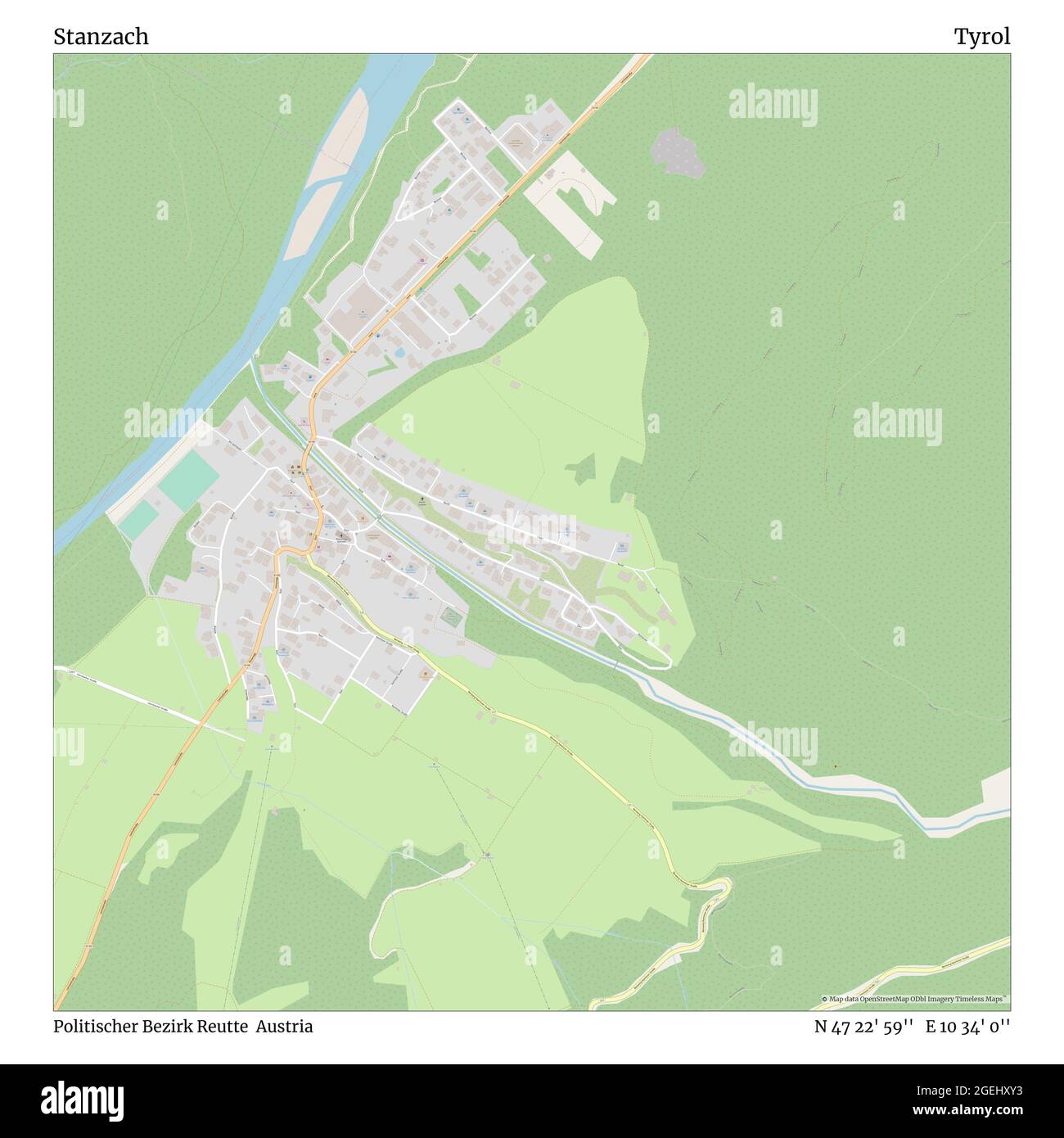 Stanzach, Politischer Bezirk Reutte, Austria, Tyrol, N 47 22' 59'', E 10 34' 0'', map, Timeless Map published in 2021. Travelers, explorers and adventurers like Florence Nightingale, David Livingstone, Ernest Shackleton, Lewis and Clark and Sherlock Holmes relied on maps to plan travels to the world's most remote corners, Timeless Maps is mapping most locations on the globe, showing the achievement of great dreams Stock Photo