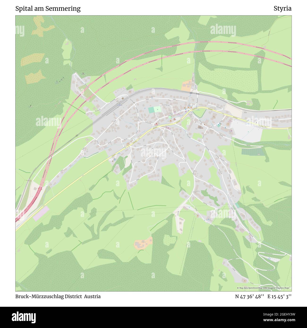 Spital am Semmering, Bruck-Mürzzuschlag District, Austria, Styria, N 47 36' 48'', E 15 45' 3'', map, Timeless Map published in 2021. Travelers, explorers and adventurers like Florence Nightingale, David Livingstone, Ernest Shackleton, Lewis and Clark and Sherlock Holmes relied on maps to plan travels to the world's most remote corners, Timeless Maps is mapping most locations on the globe, showing the achievement of great dreams Stock Photo