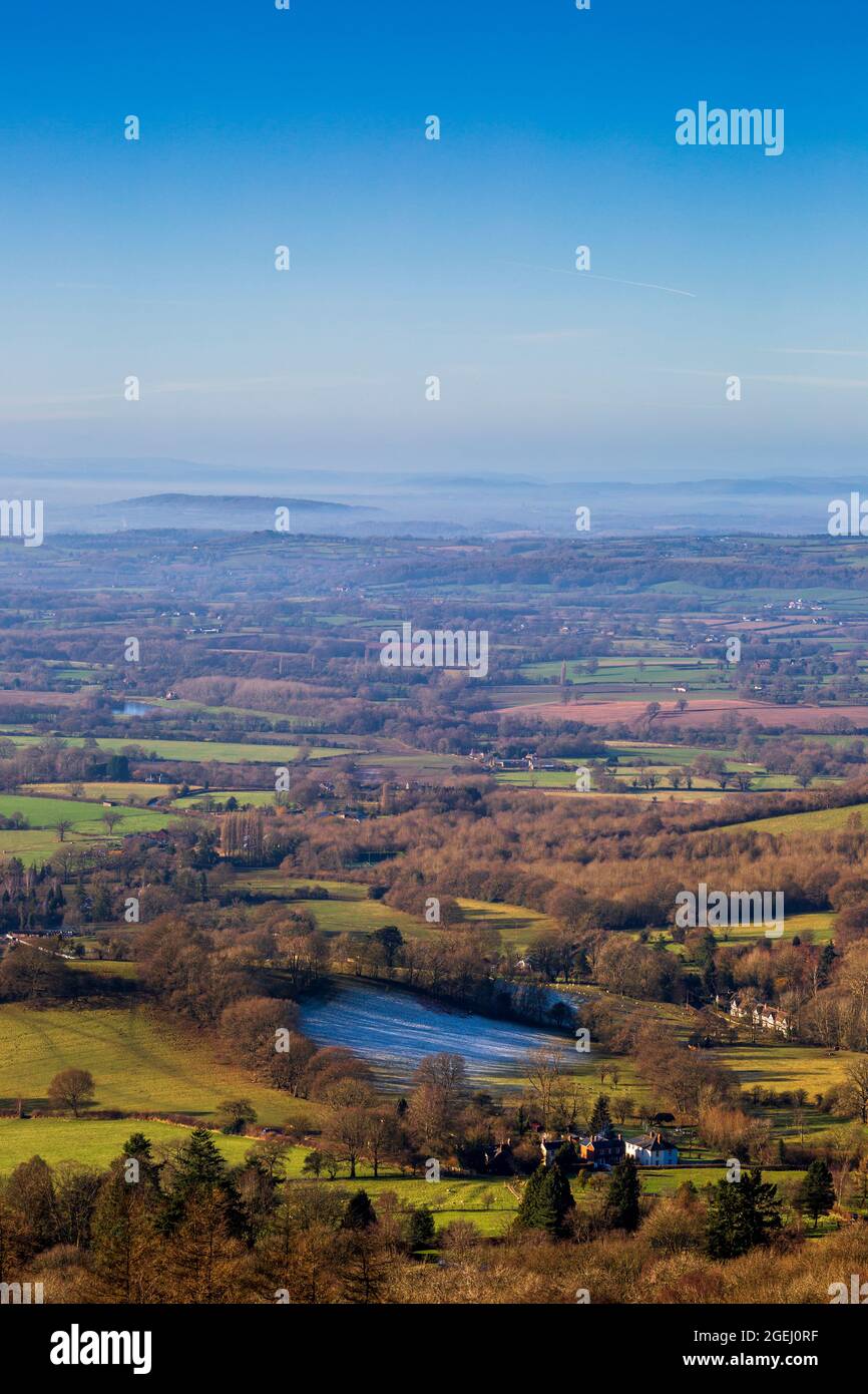 A winter view of the Herefordshire countryside from Worcestershire Beacon in the Malverns, Worcestershire, England Stock Photo