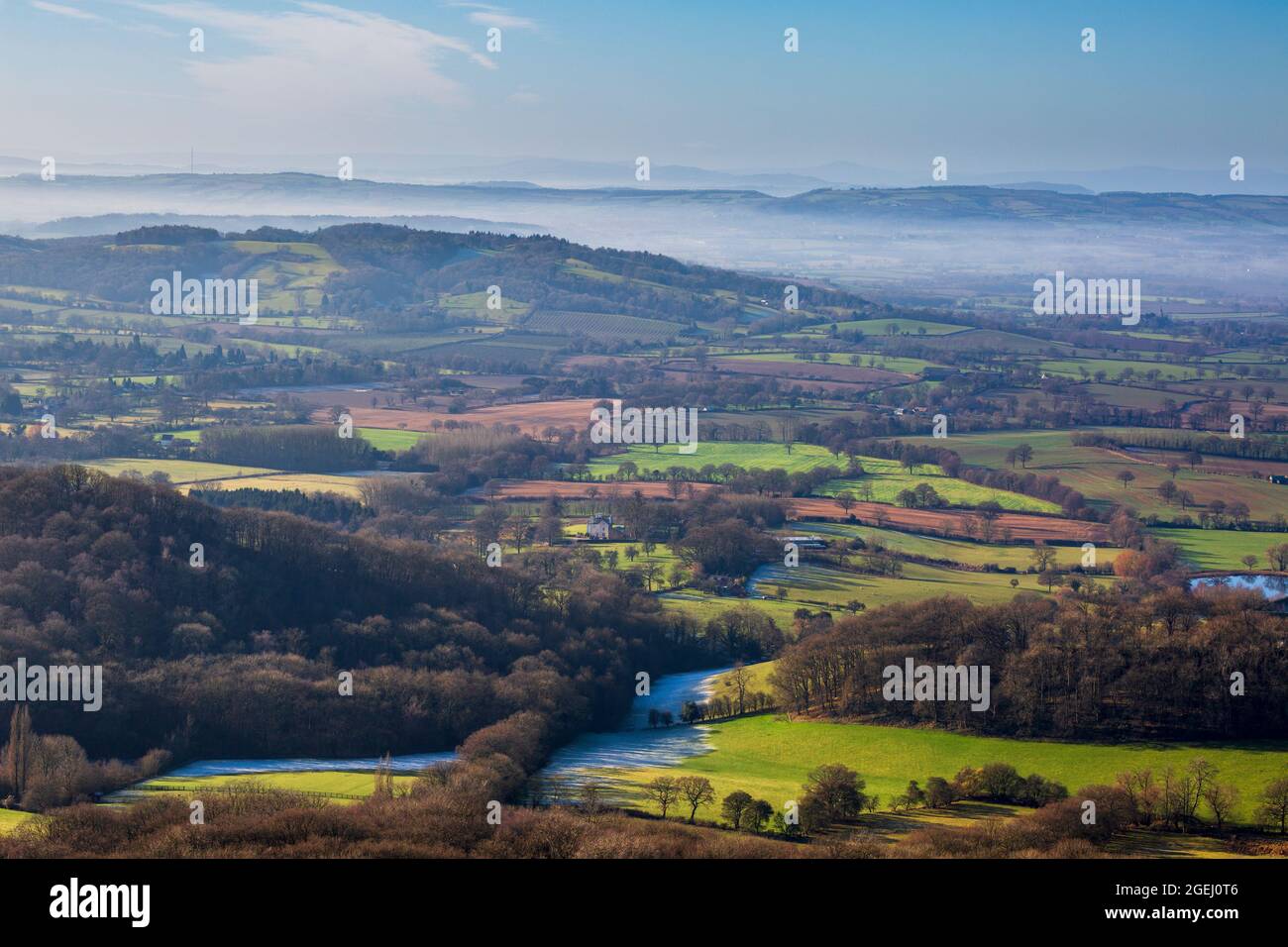 A winter view of the Herefordshire countryside from Worcestershire Beacon in the Malverns, Worcestershire, England Stock Photo
