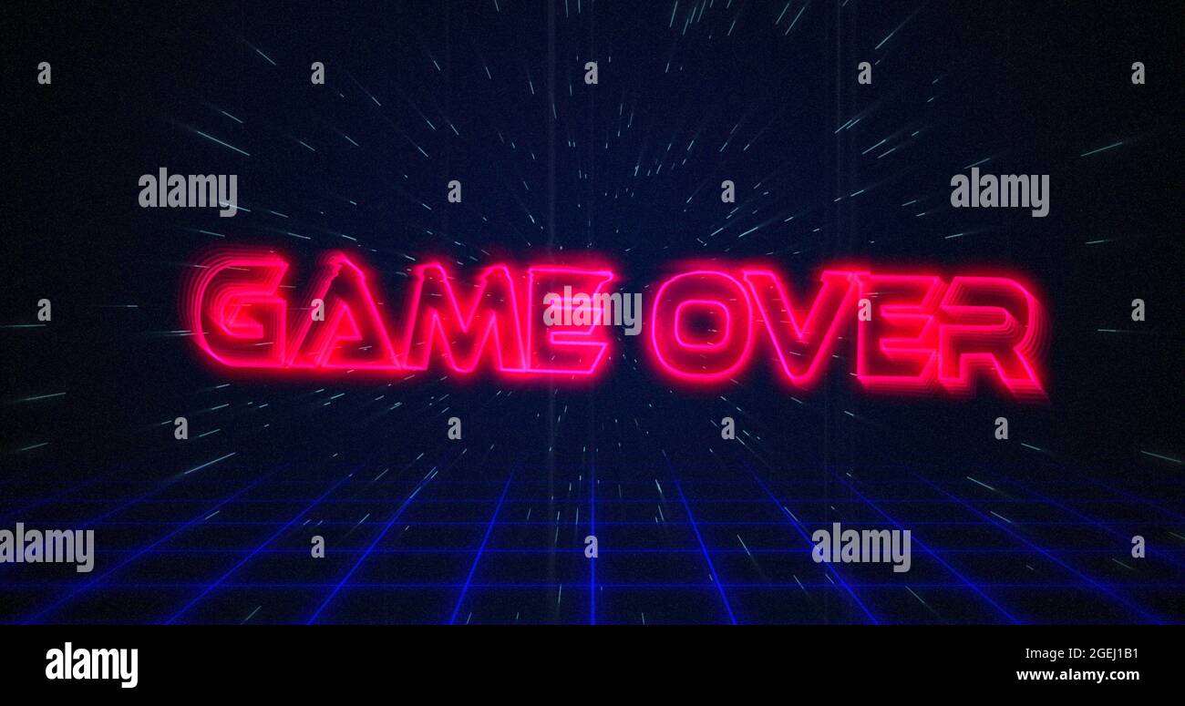 Retro Game over text glitching over blue and red squares on white hyperspace effect Stock Photo