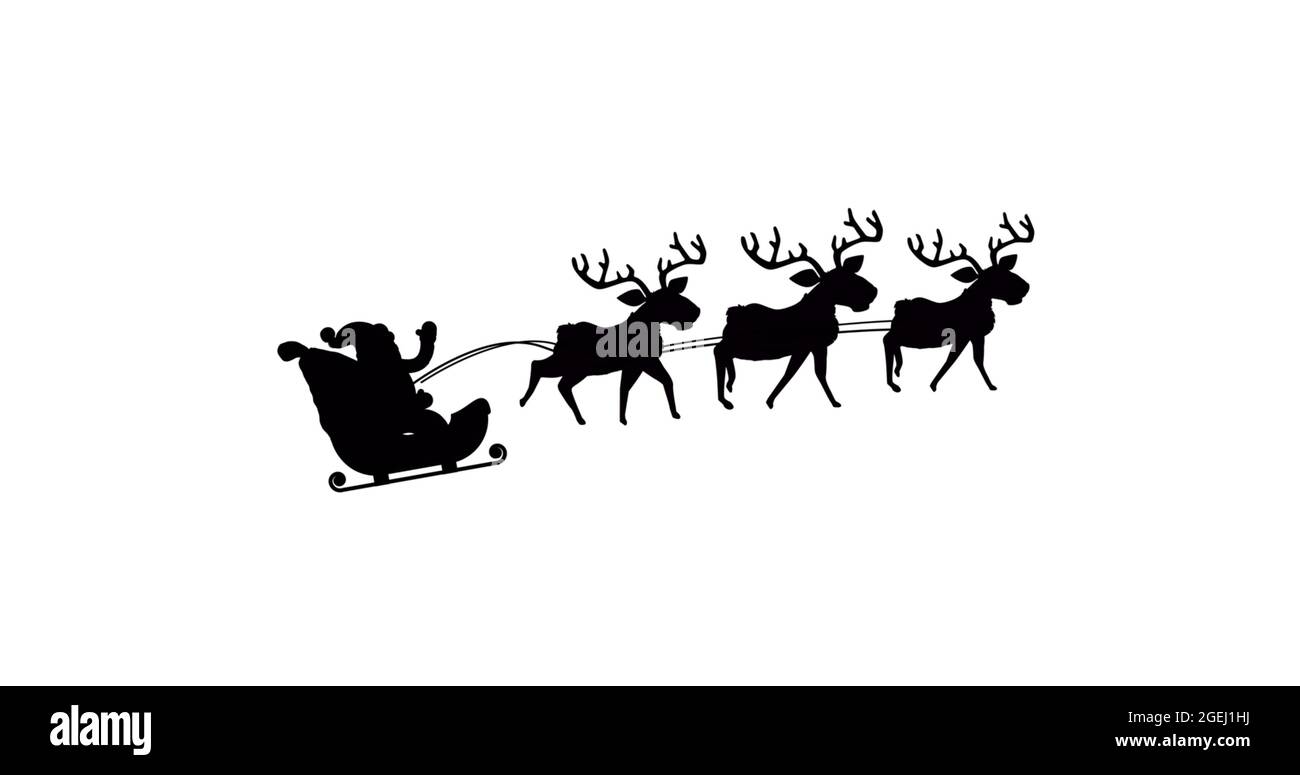 Image of black silhouette of santa claus in sleigh being pulled by ...